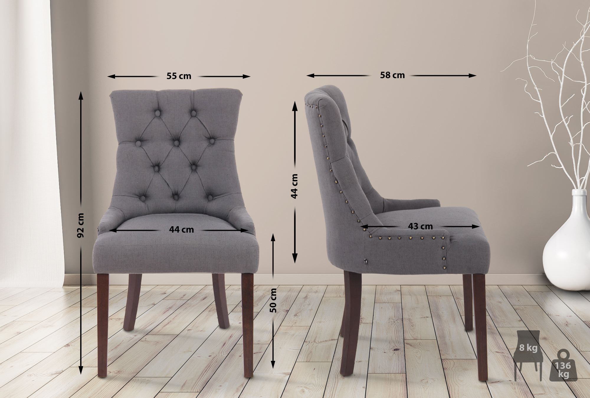 Lot de 2 chaises de salle à manger Aberdeen en tissu