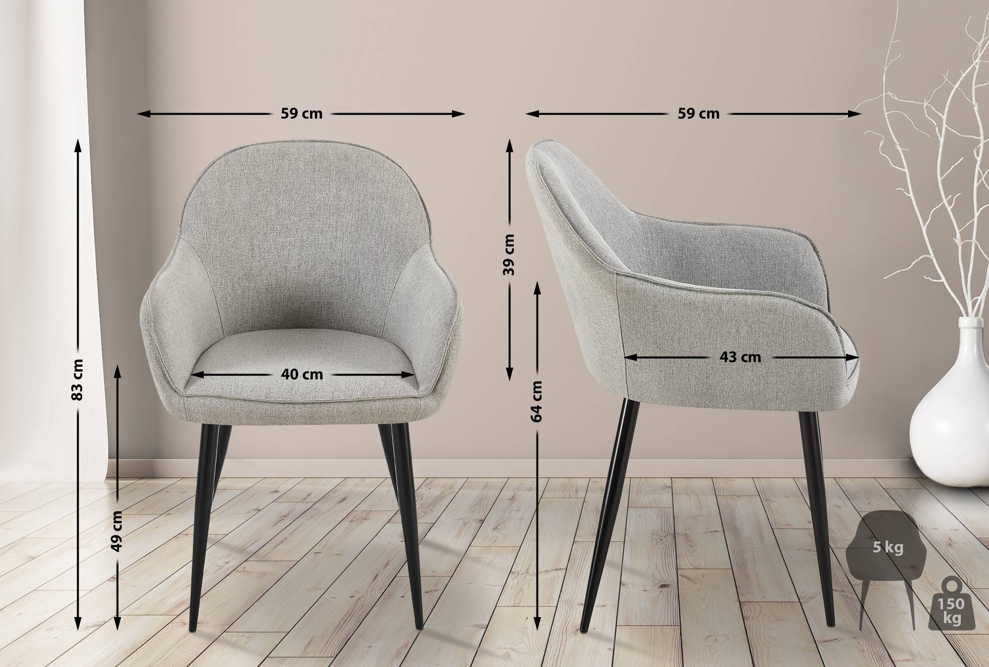 Lot de 2 Chaises de salle à manger Boise en Tissu avec Piètement en Métal noir