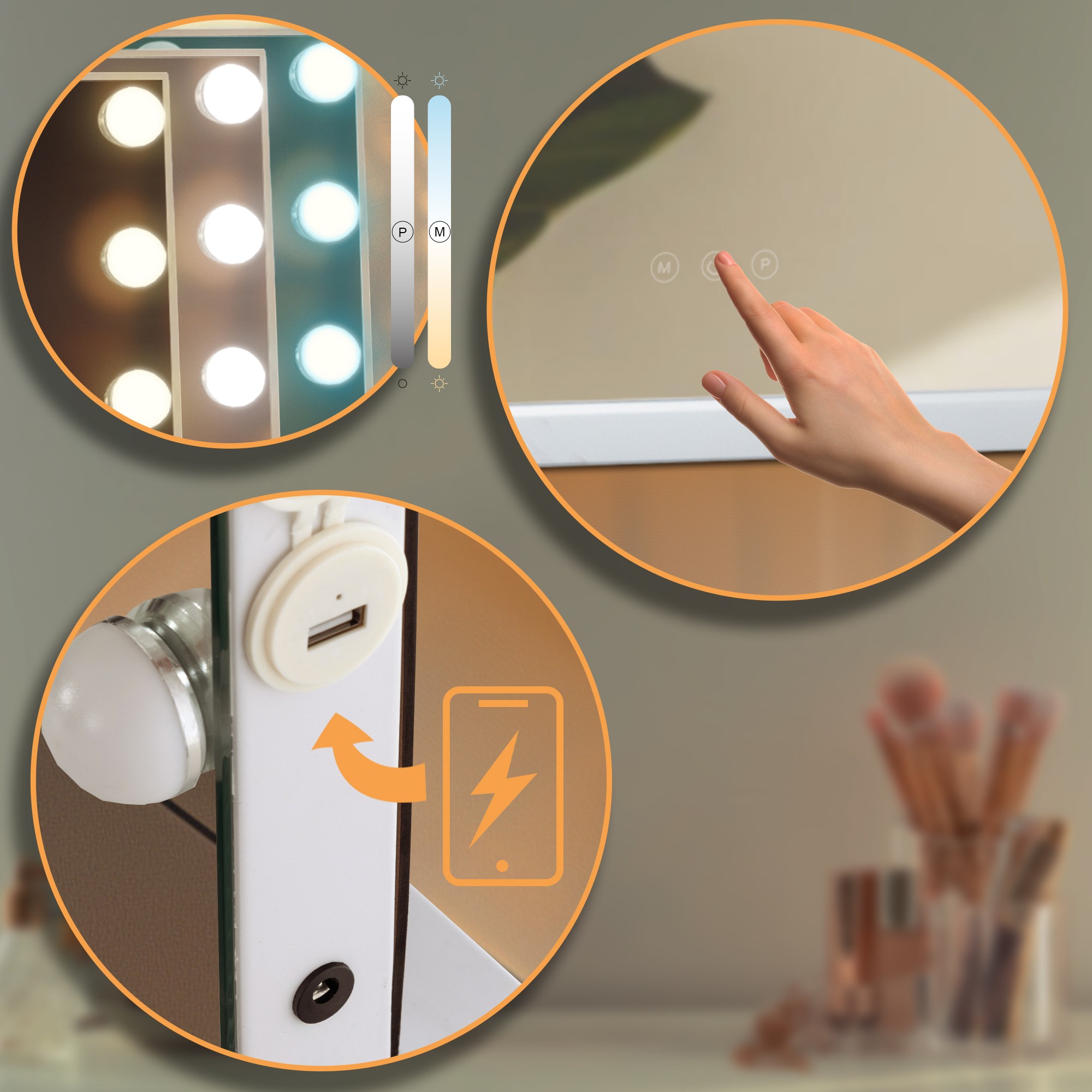Miroir Led de Maquillage Murrieta avec lumière réglable et port USB