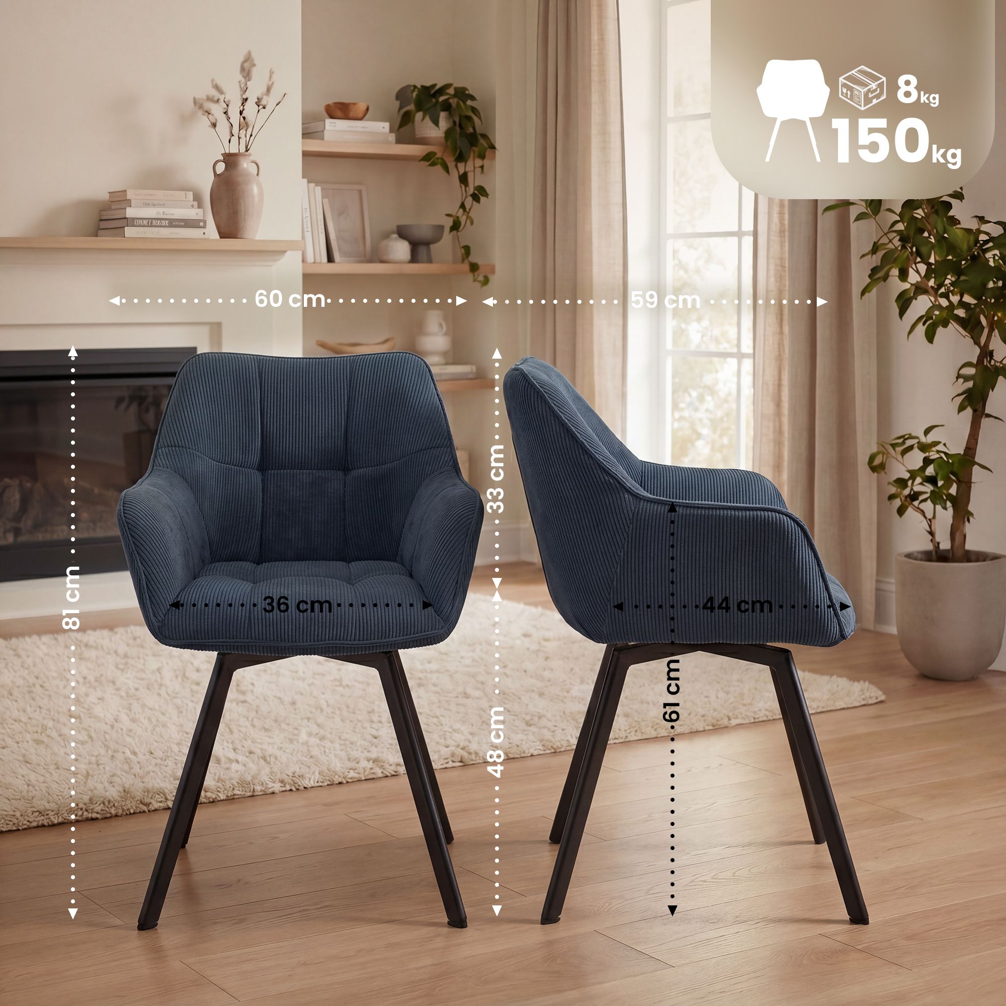 Lot de 2 chaises de salle à manger Jordi Cord