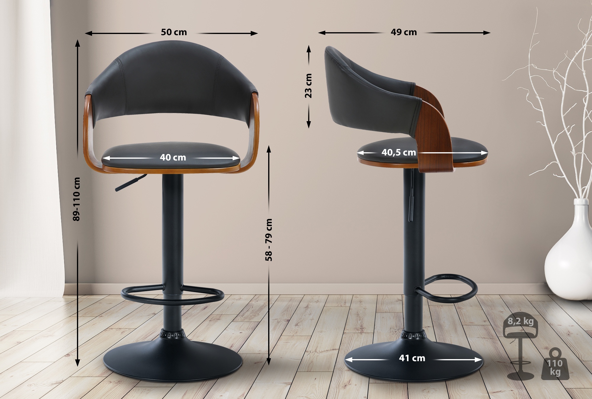 Tabouret de bar Nilse avec Coque en bois assise en similicuir