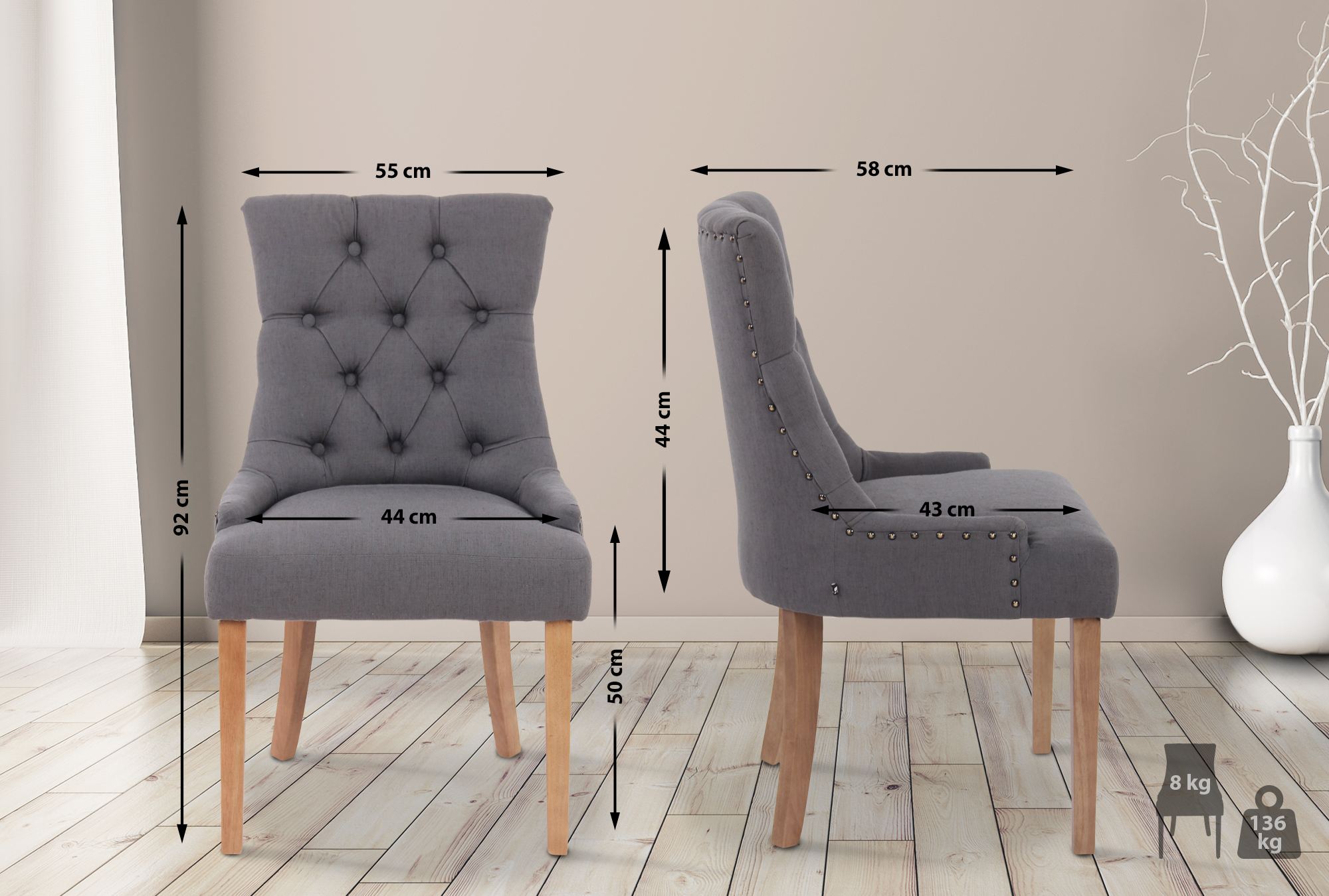 Lot de 2 chaises de salle à manger Aberdeen en tissu