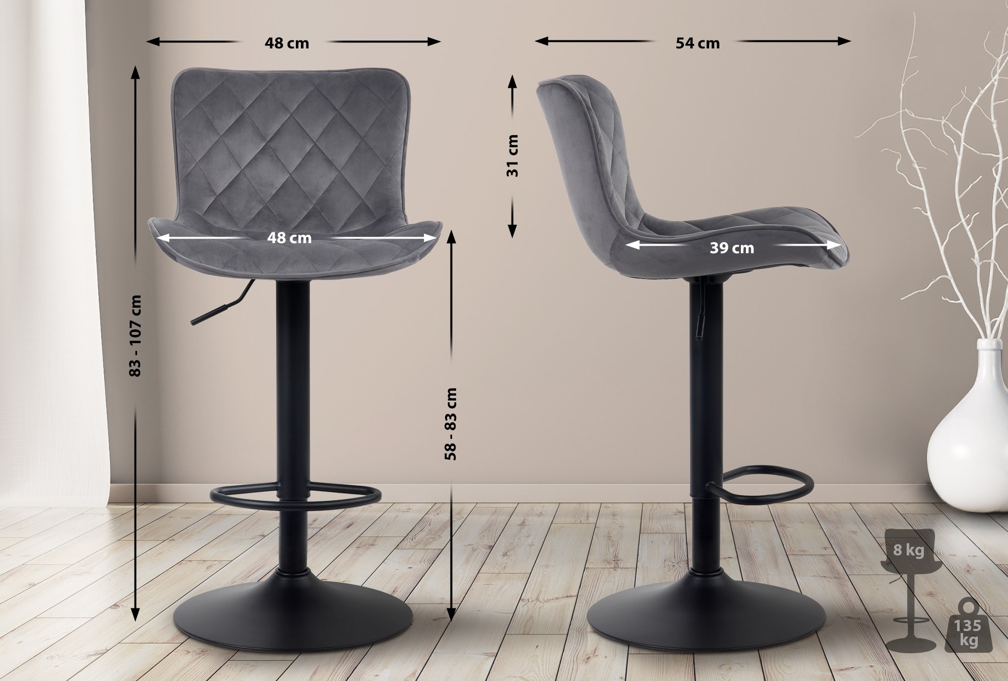 Lot de 2 Tabourets de bar Emma Pied Métal Hauteur Réglable Pivotant
