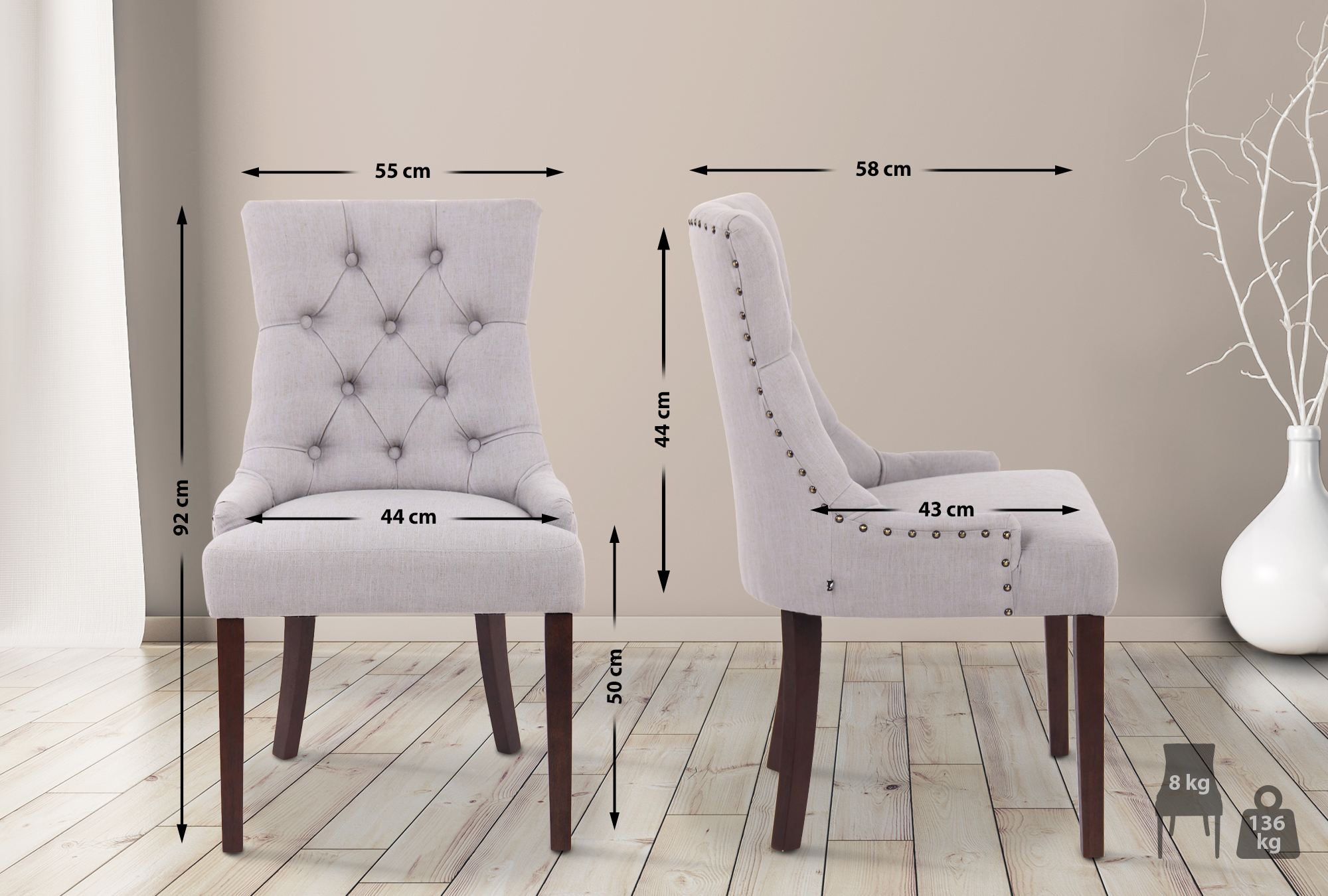 Lot de 2 chaises de salle à manger Aberdeen en tissu