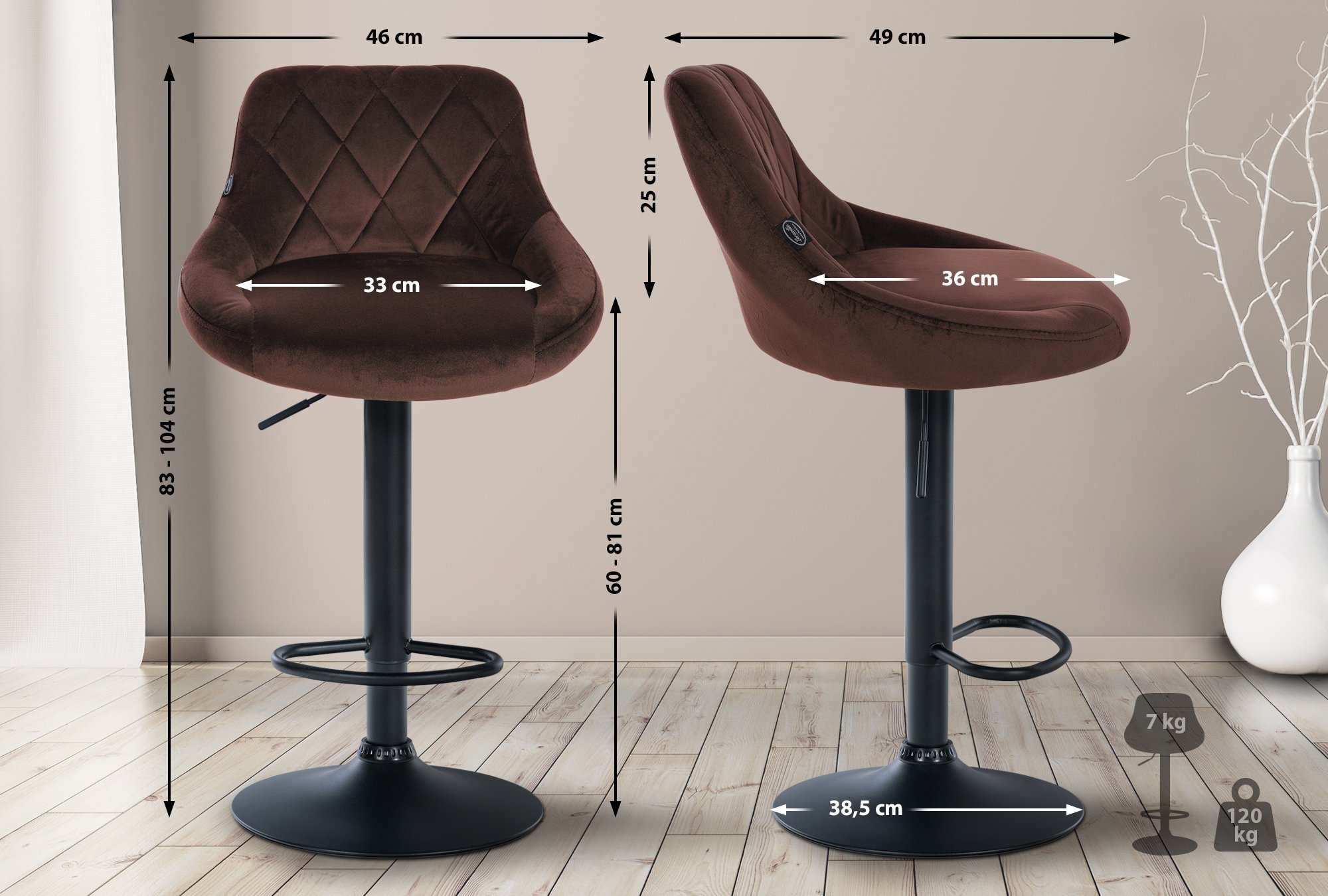 Tabouret de bar Lazio en velours avec pied en métal