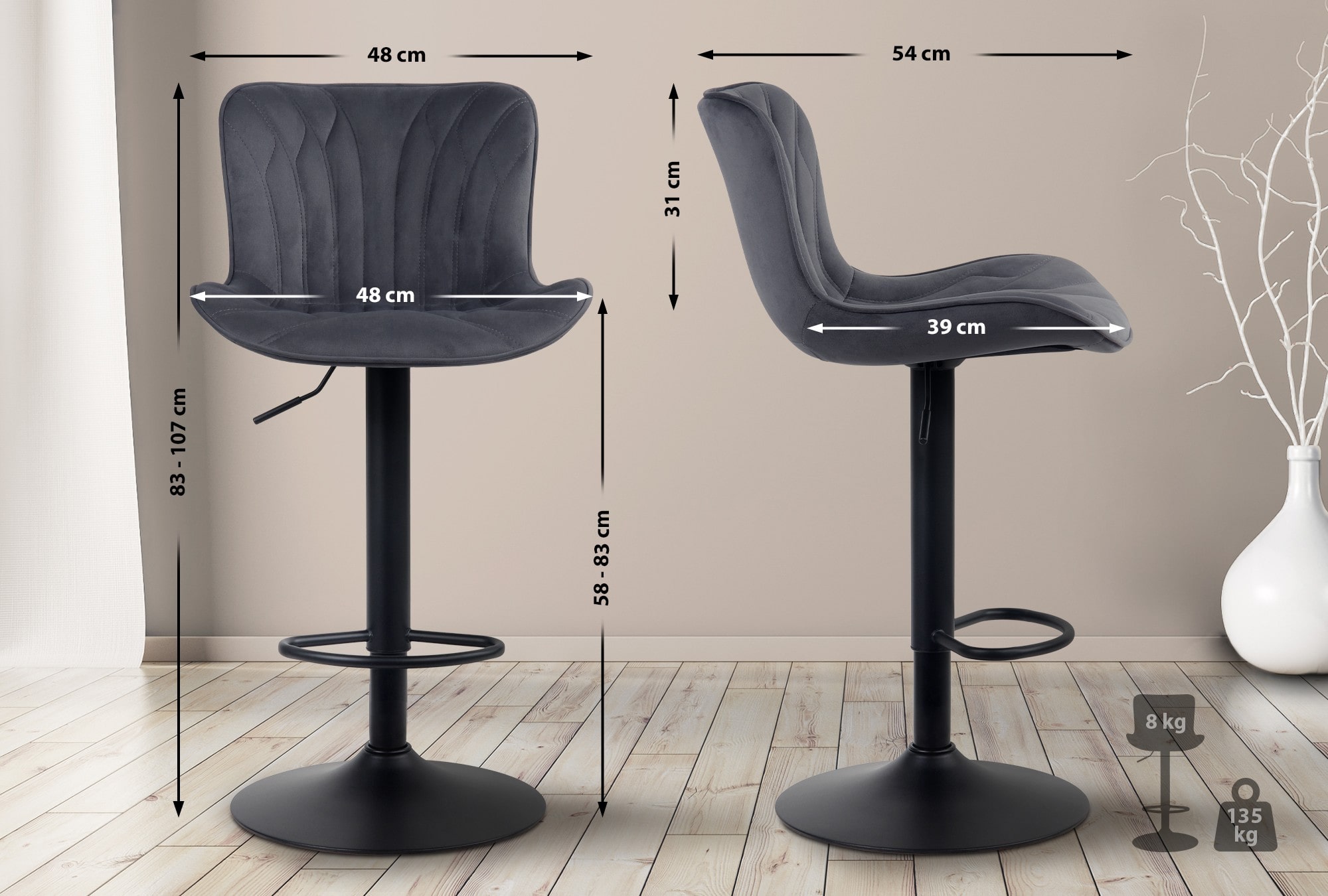 Tabouret de bar Linus Pied en Métal Hauteur réglable Siège pivotant