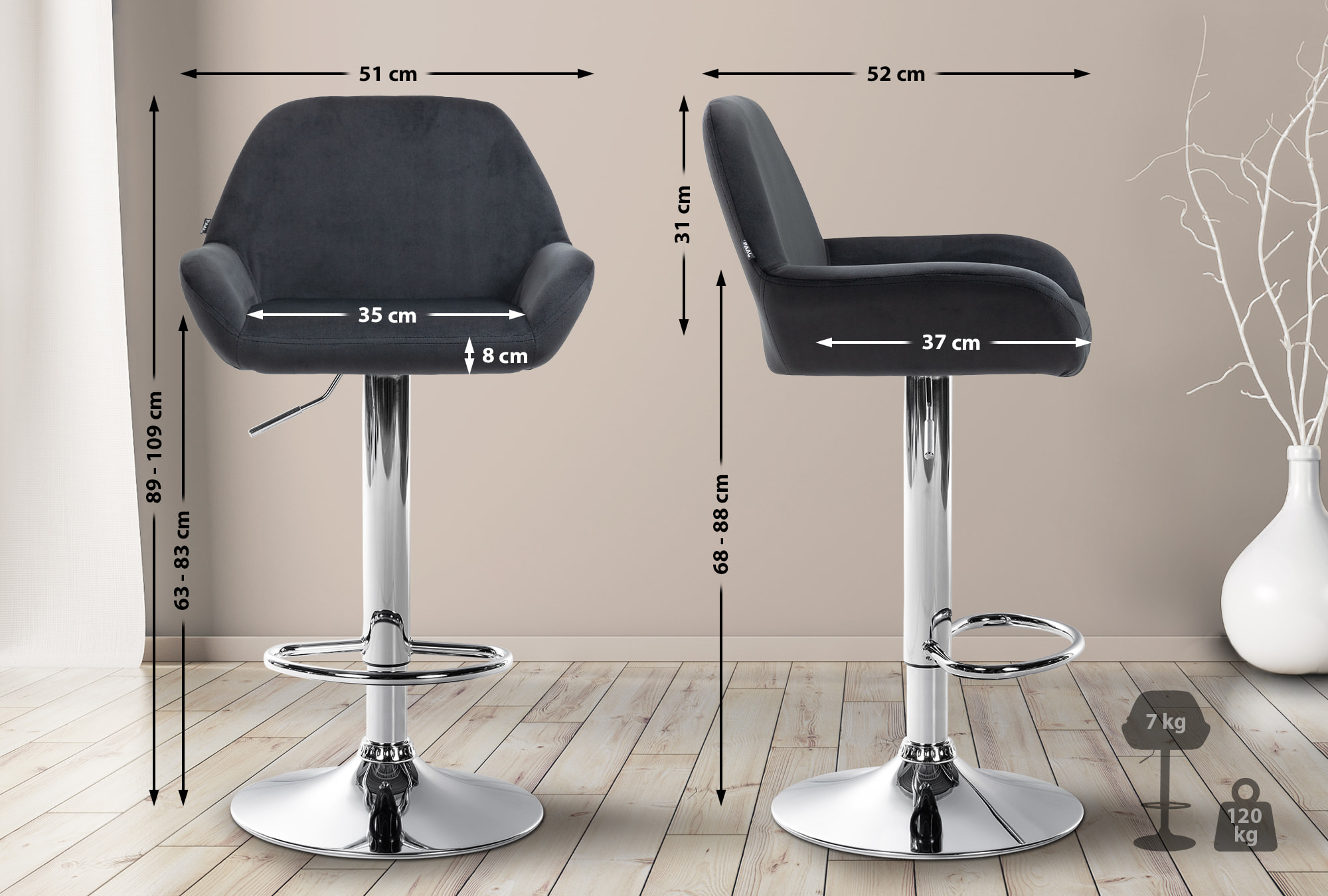 Ensemble de 2 tabourets de bar Braga en velours