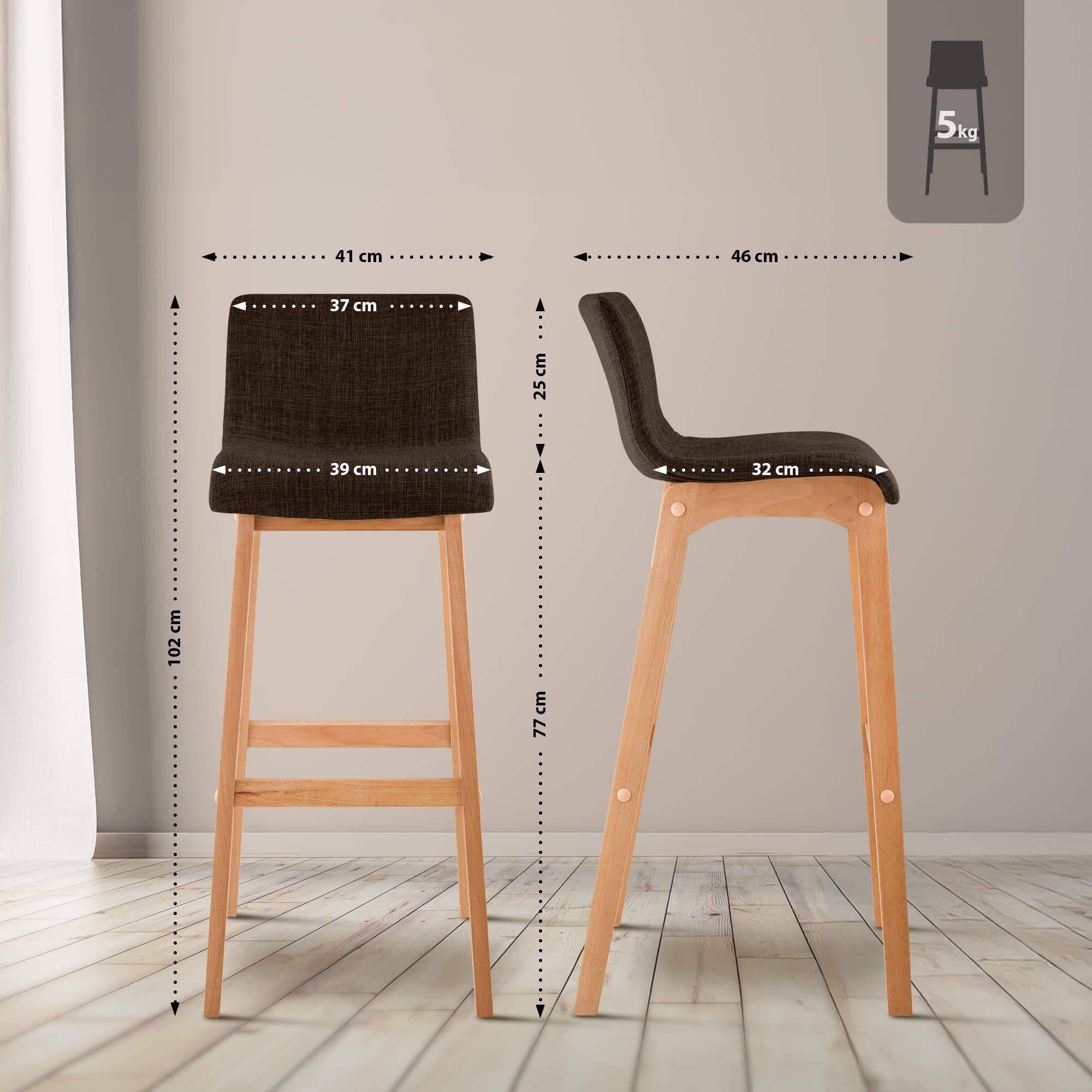 Lot de 2 tabourets de bar Hover en tissu, piètement à quatre pieds en bois naturel
