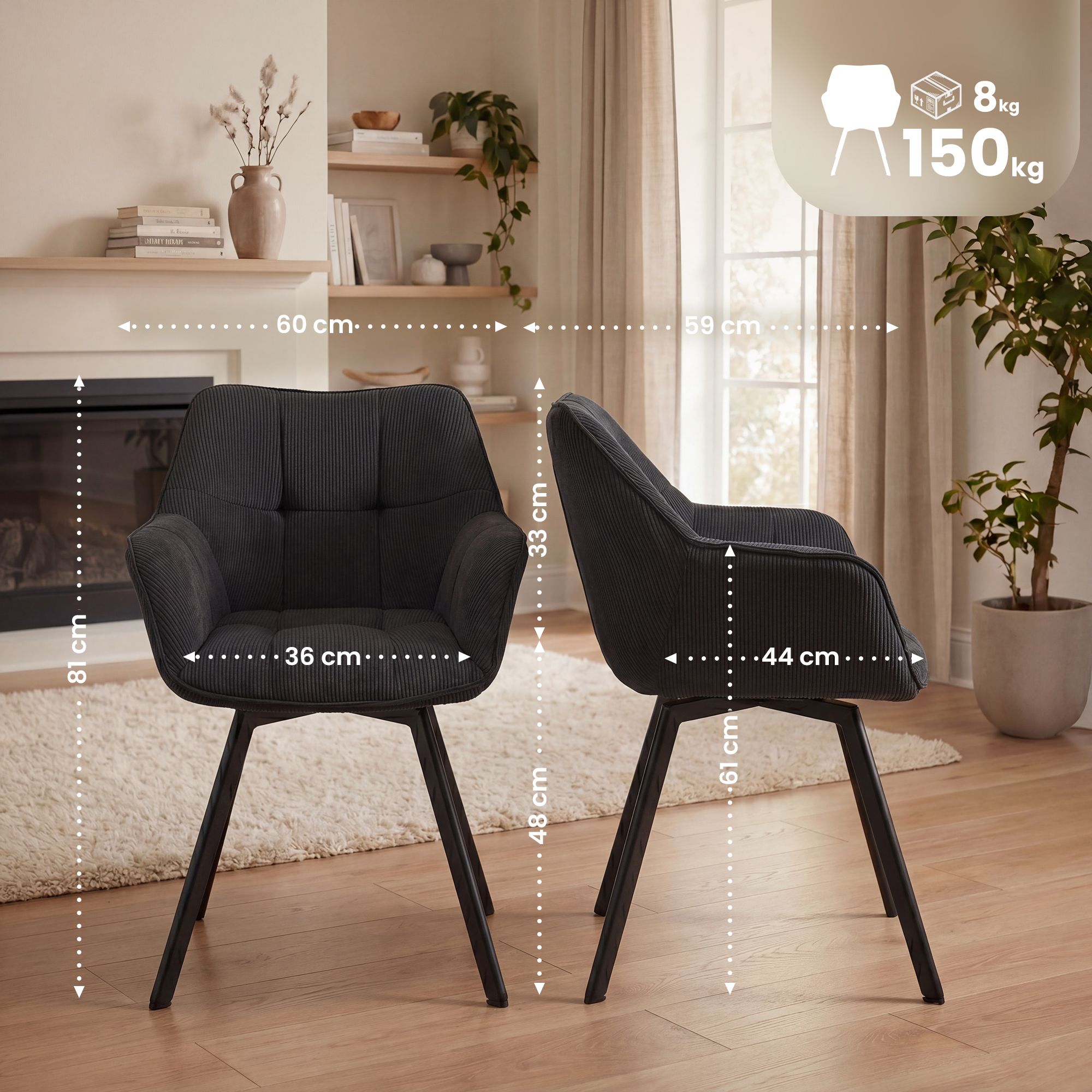 Lot de 2 chaises de salle à manger Jordi Cord
