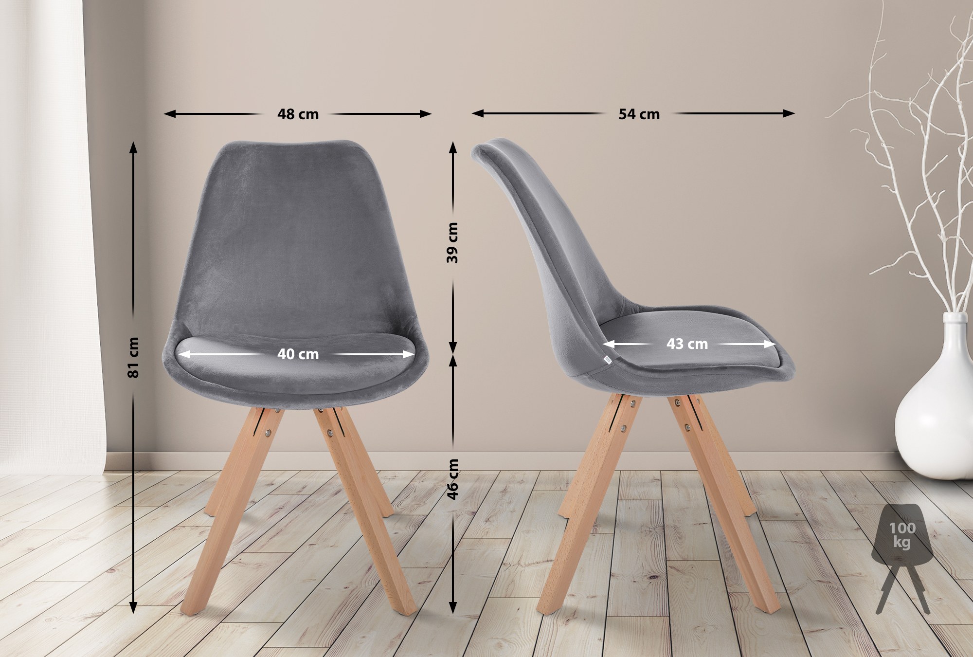 Lot de 4 chaises de salle à manger Sofia en velours Pieds en bois