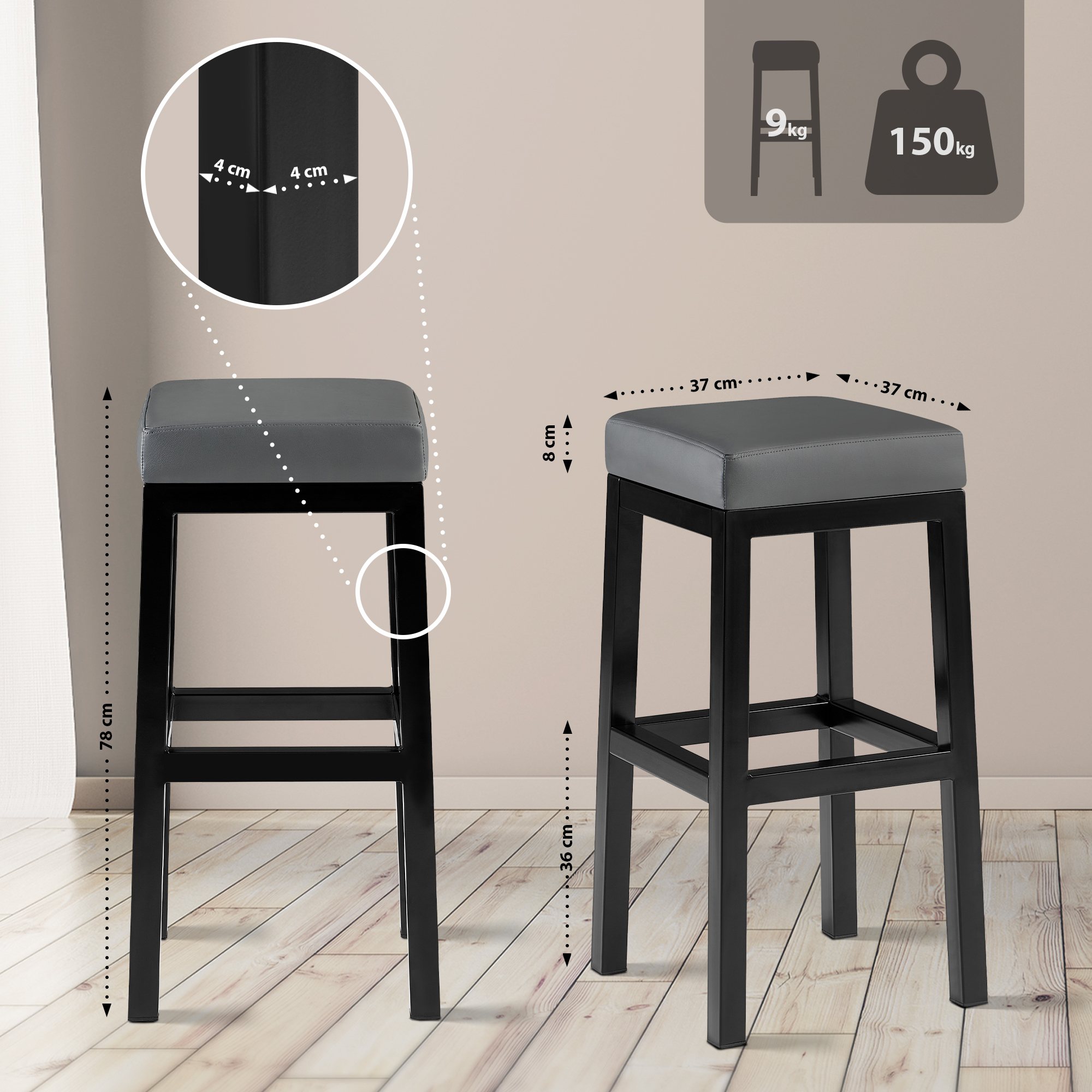 Tabouret de bar Taylor revêtement similicuir hauteur d'assise 78 cm piètement métal noir
