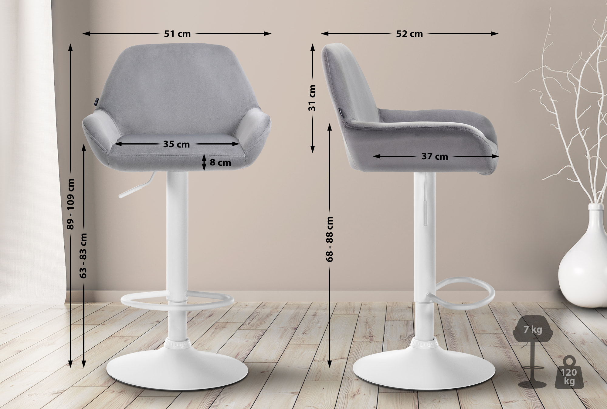 Tabouret de bar Braga Velours avec pied en métal réglable et pivotant
