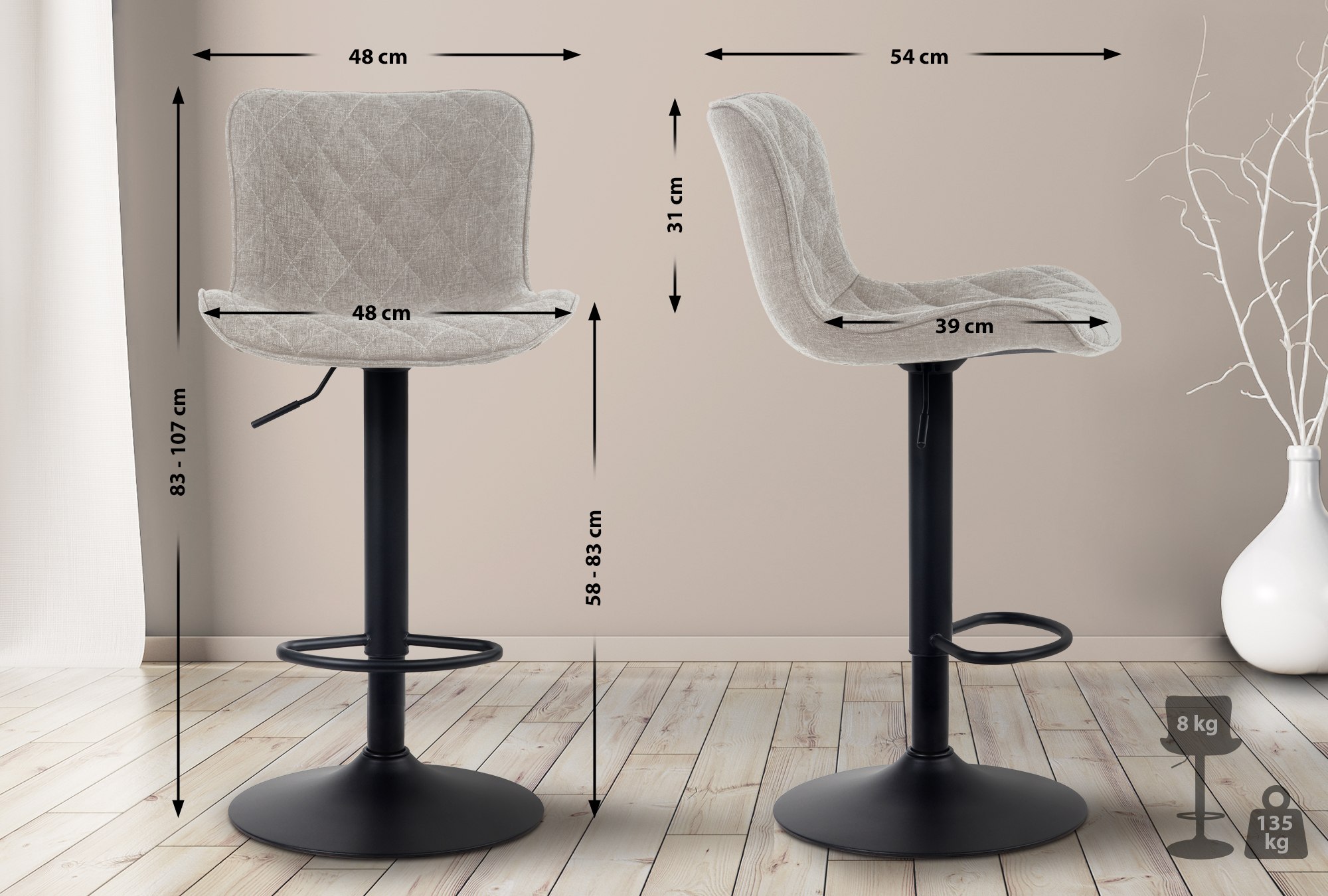 Lot de 2 Tabourets de bar Emma Pied Métal Hauteur Réglable Pivotant