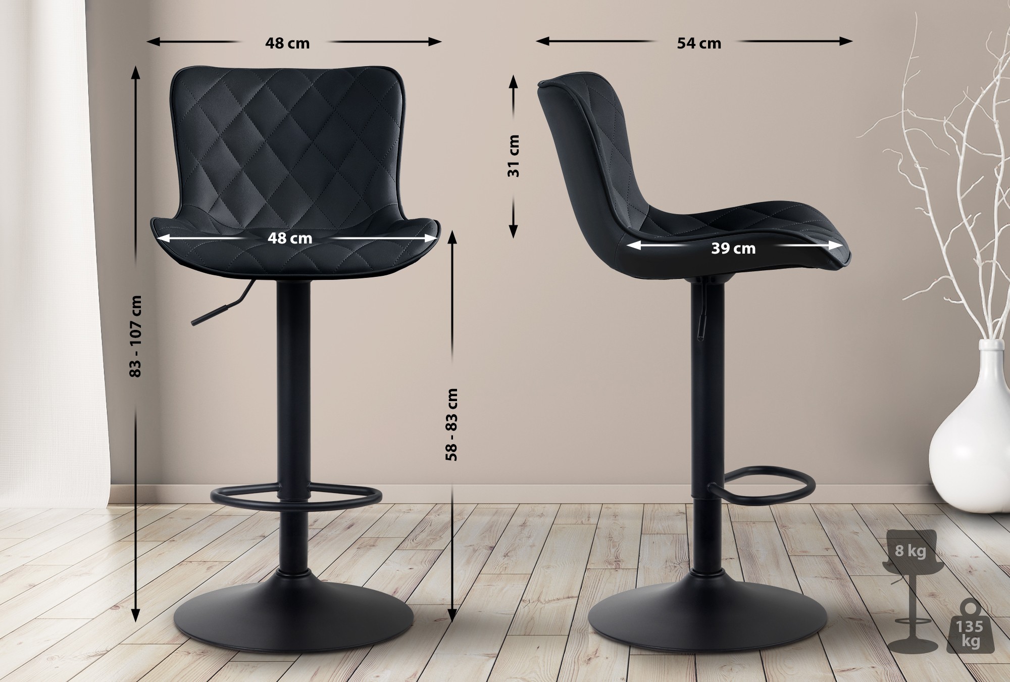 Lot de 2 Tabourets de bar Emma Pied Métal Hauteur Réglable Pivotant