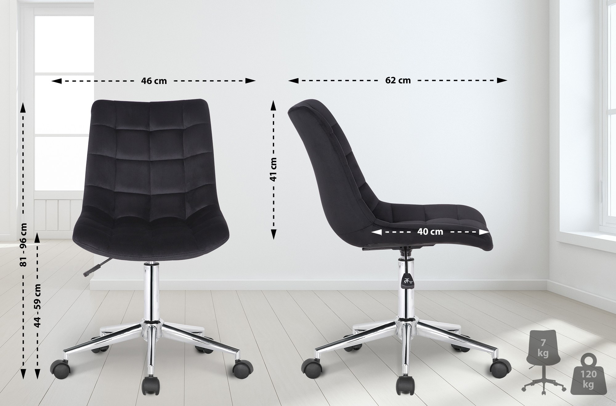 Chaise de bureau pivotant Medford en Velours avec Hauteur ajustable et Roulettes