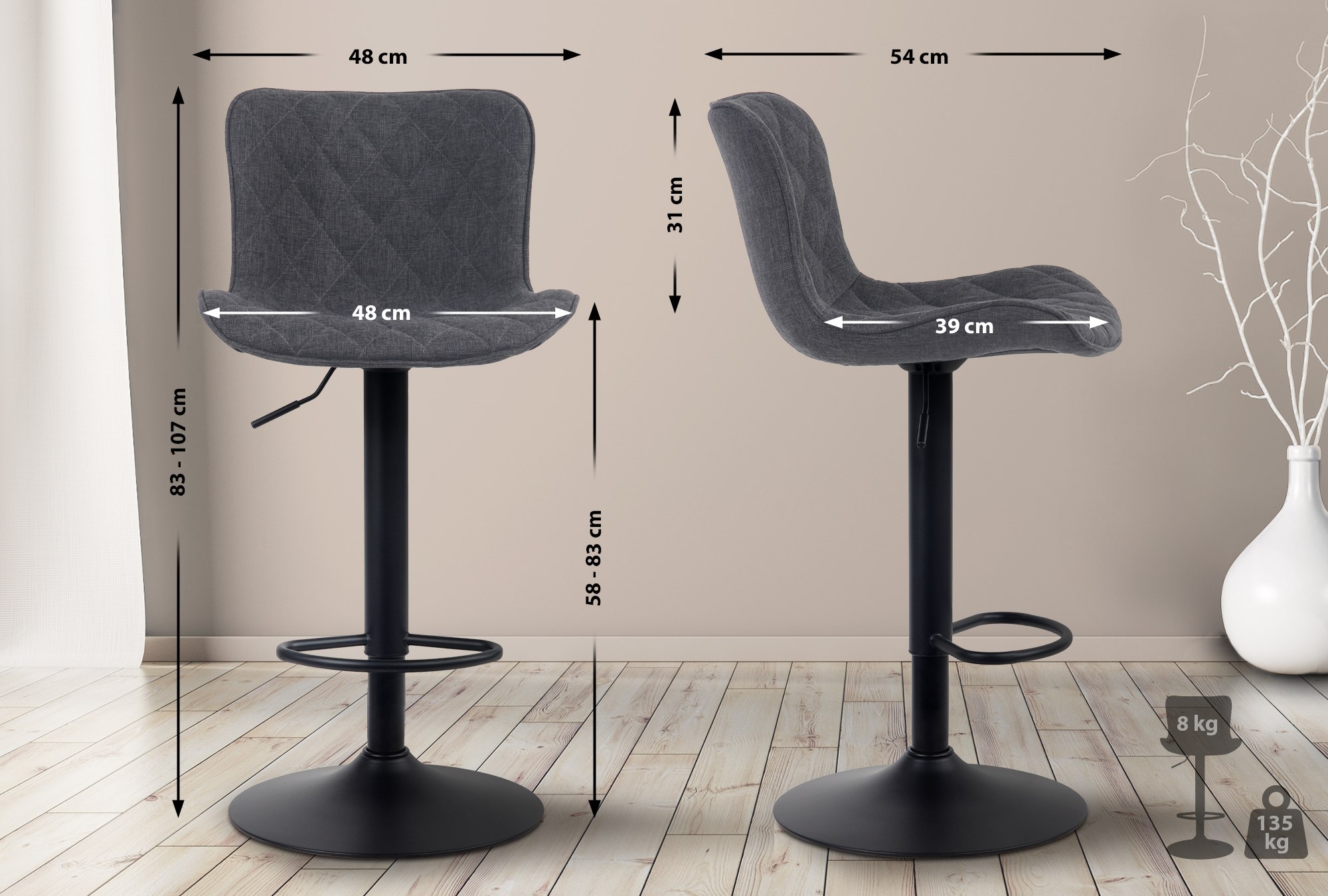Lot de 2 Tabourets de bar Emma Pied Métal Hauteur Réglable Pivotant