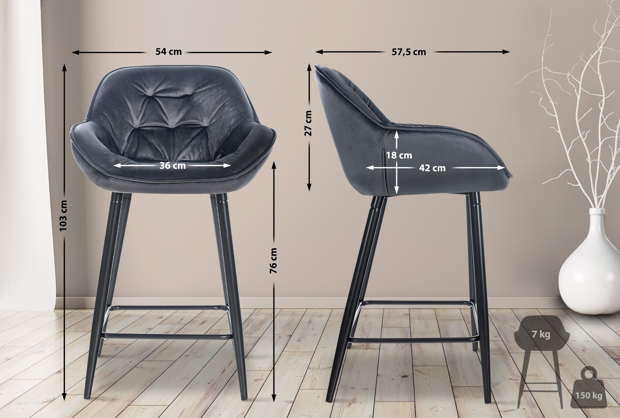 Tabouret de bar Gibson velours hauteur d'assise 76 cm
