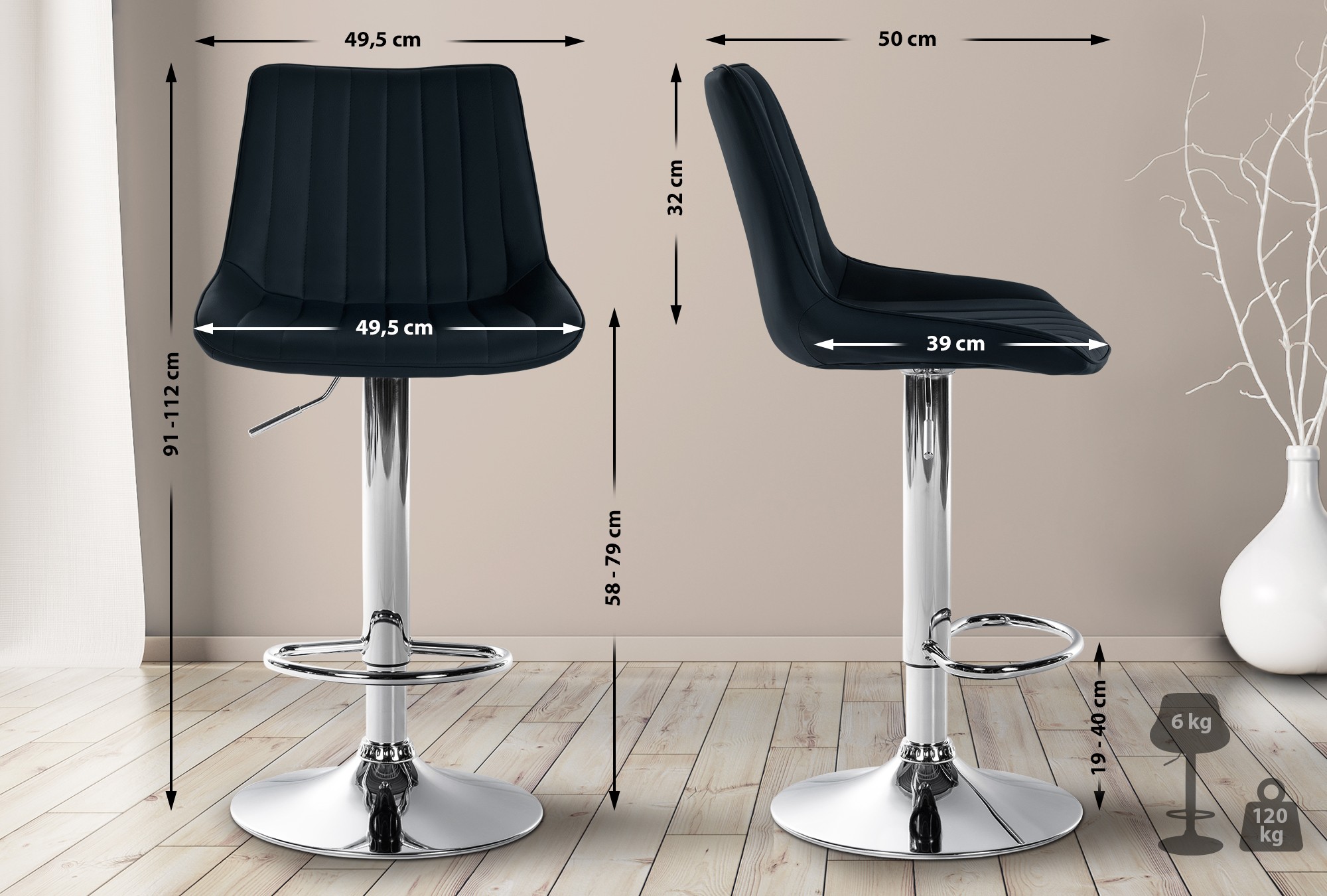 Tabouret de bar Toni en Similicuir Pied en Métal réglable pivotant