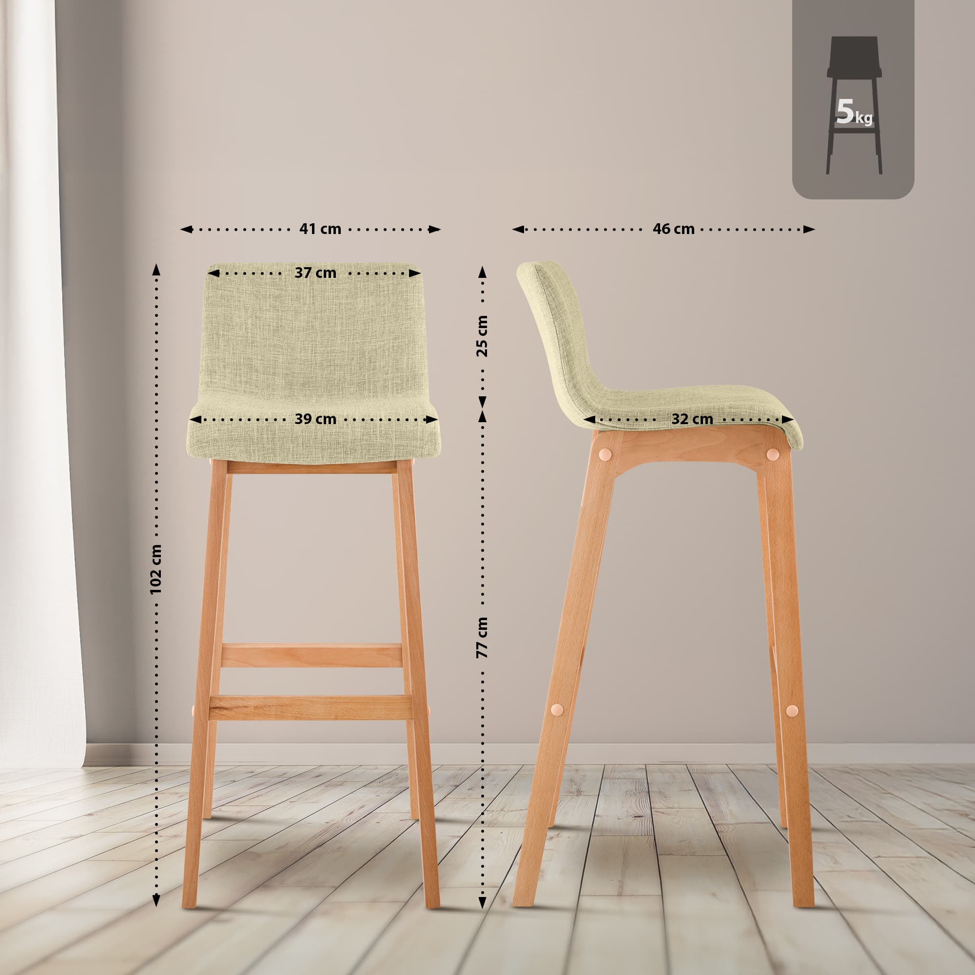 Lot de 2 tabourets de bar Hover en tissu, piètement à quatre pieds en bois naturel