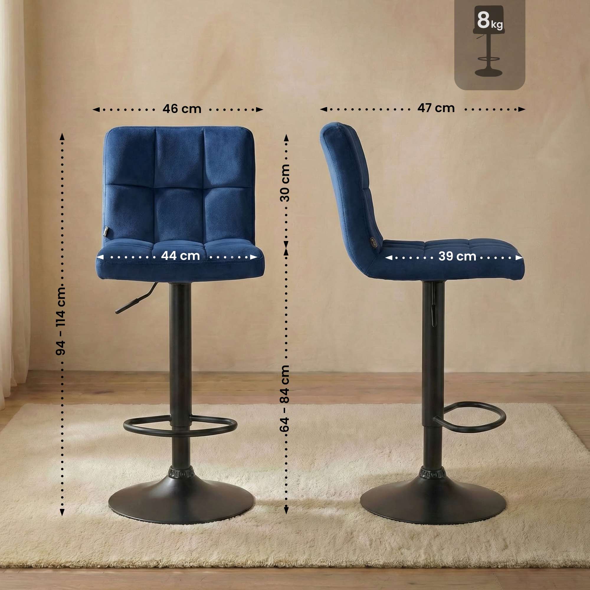 Lot de 2 tabourets de bar Peru velours