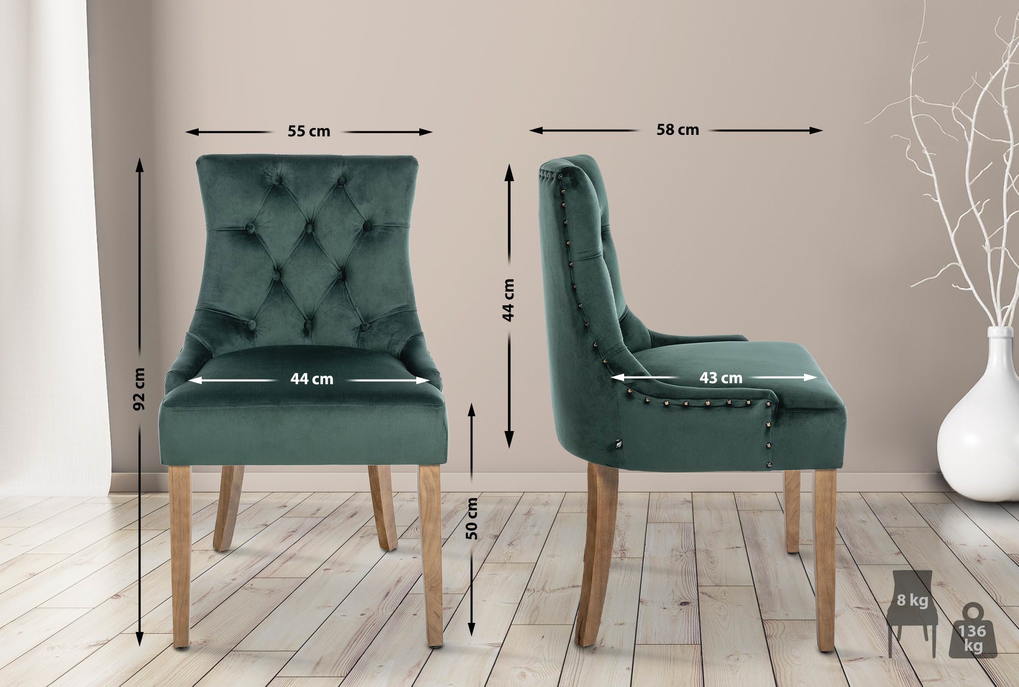 Lot de 4 Chaises de salle à manger Aberdeen en Velours Piètement en bois d'hévéa