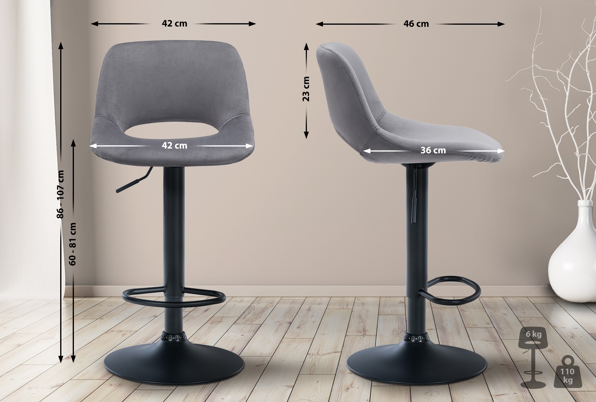 Lot de 2 tabourets de bar Camden velours