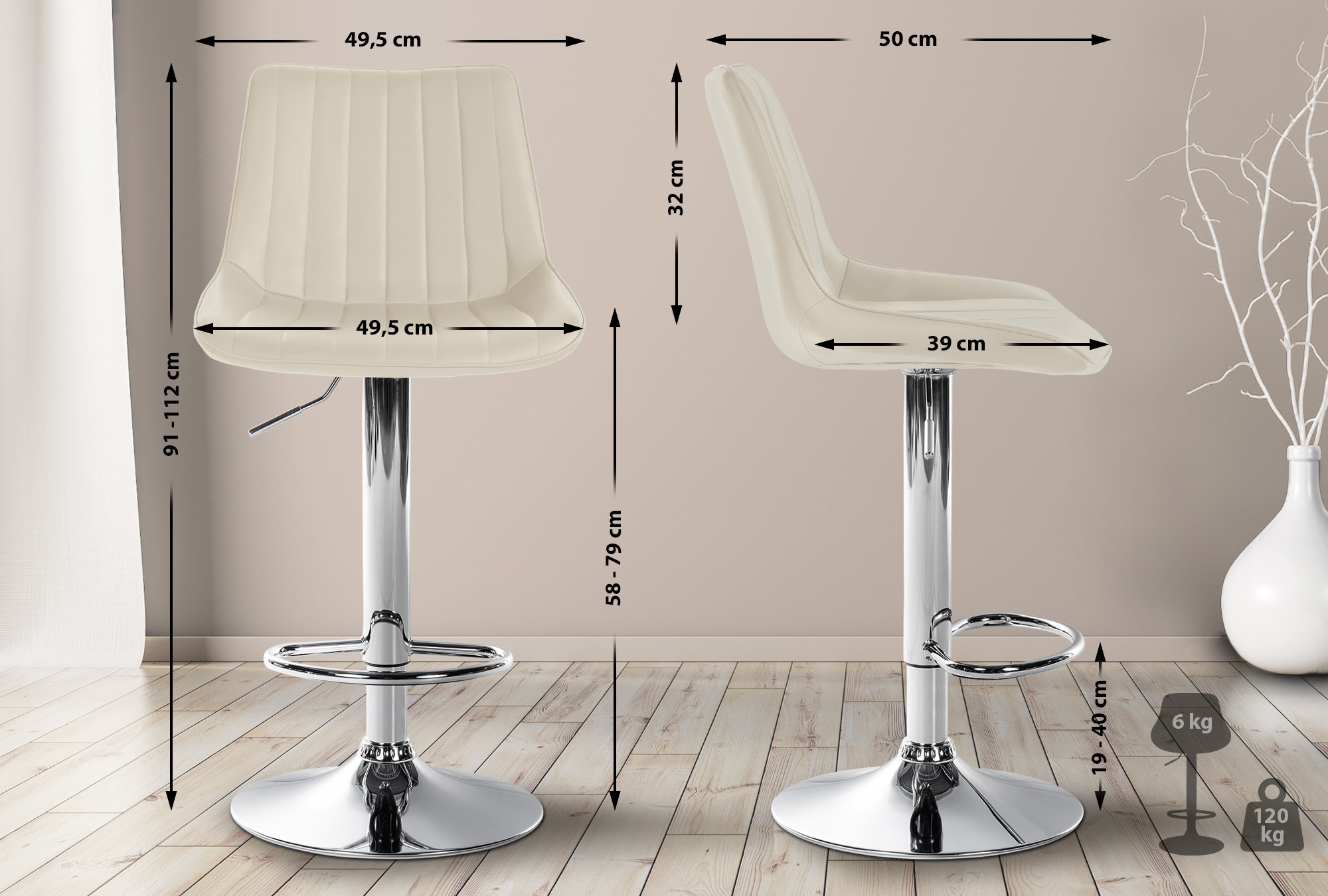 Tabouret de bar Toni en Similicuir Pied en Métal réglable pivotant