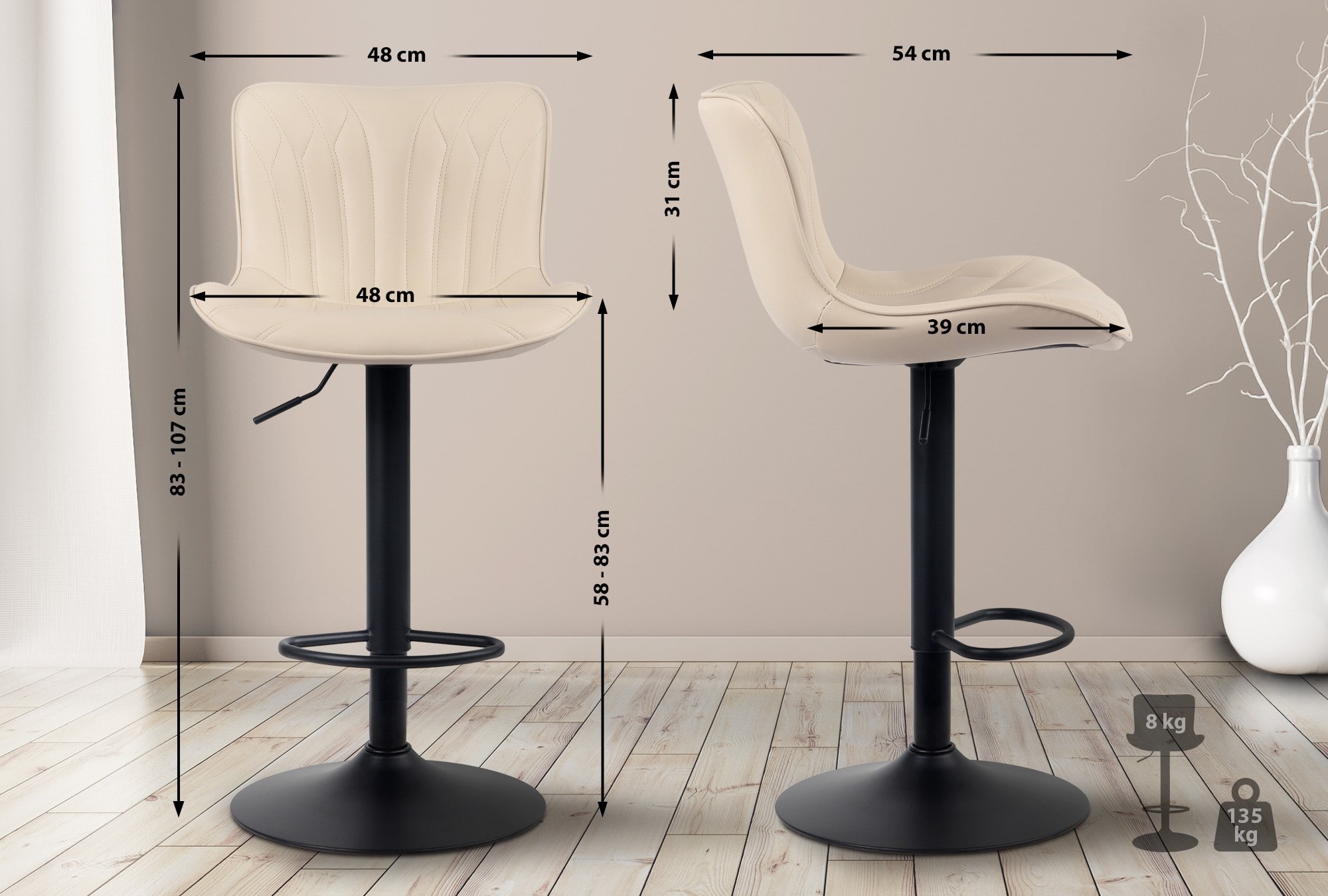 Lot de 2 Tabourets de bar Linus Pied en Métal réglable pivotant