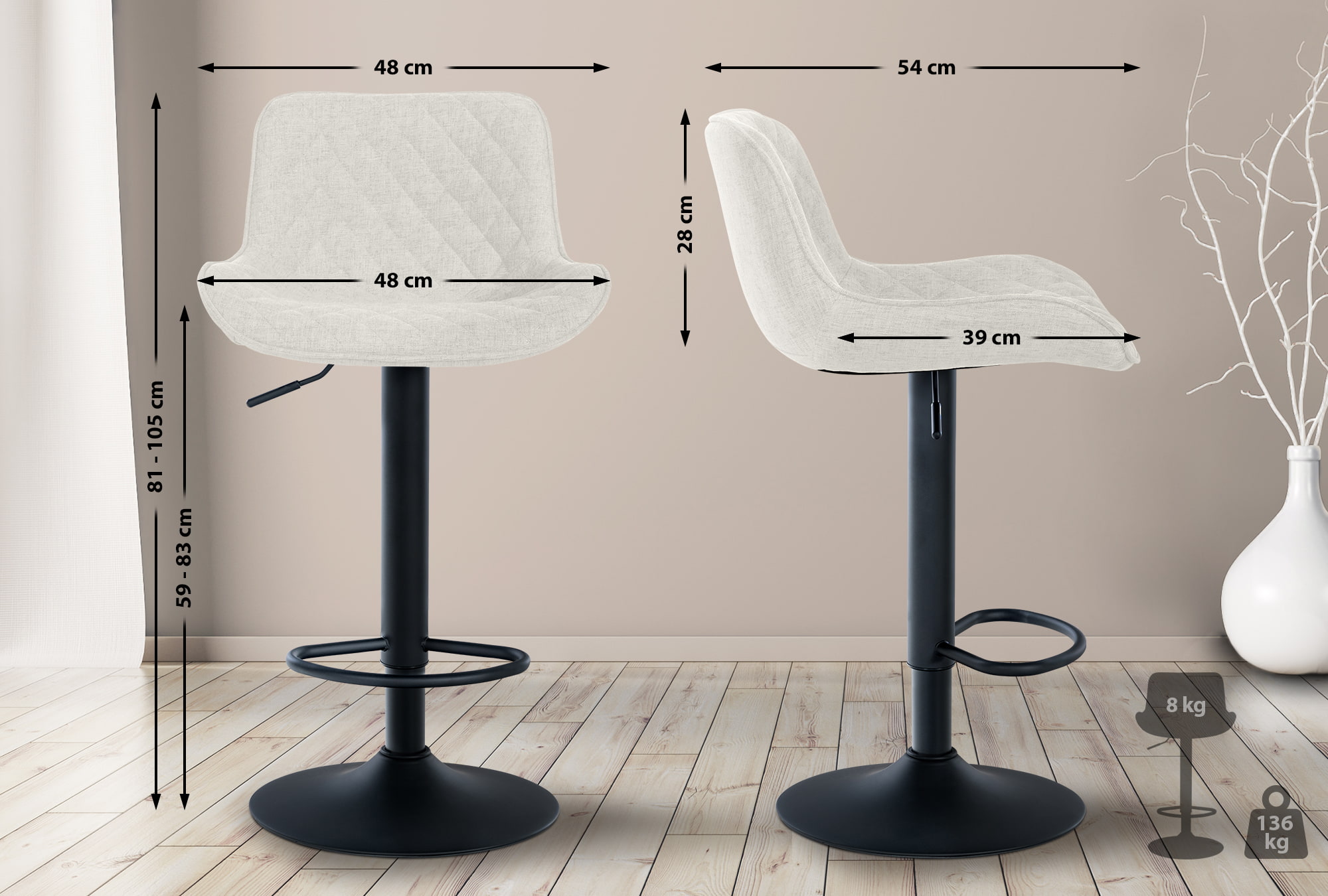 Lot de 2 Tabourets de bar Minosa réglables et pivotants