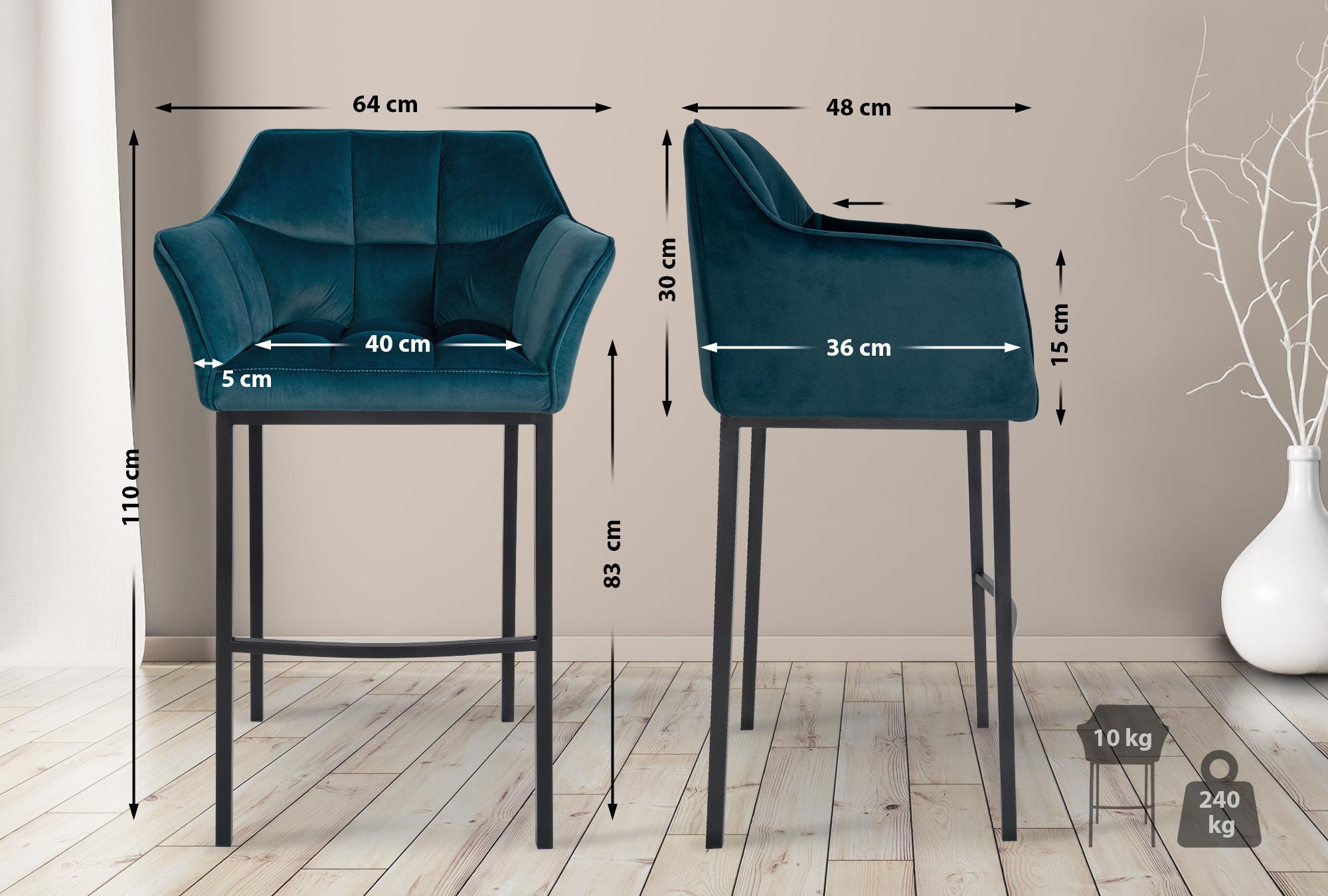 Tabouret de bar Damaso en velours avec pietement a quatre pieds