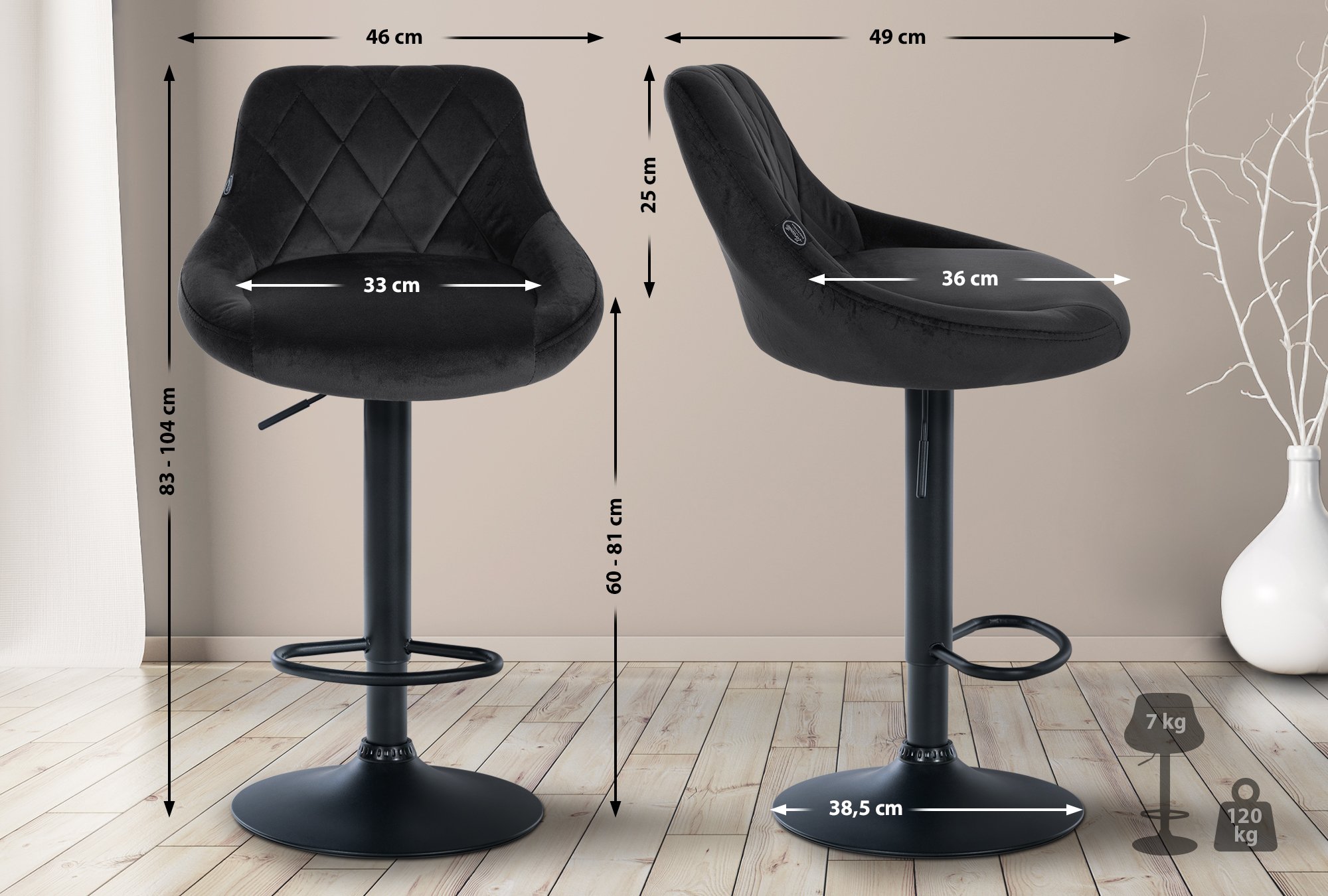 Lot de 2 tabourets de bar Lazio velours