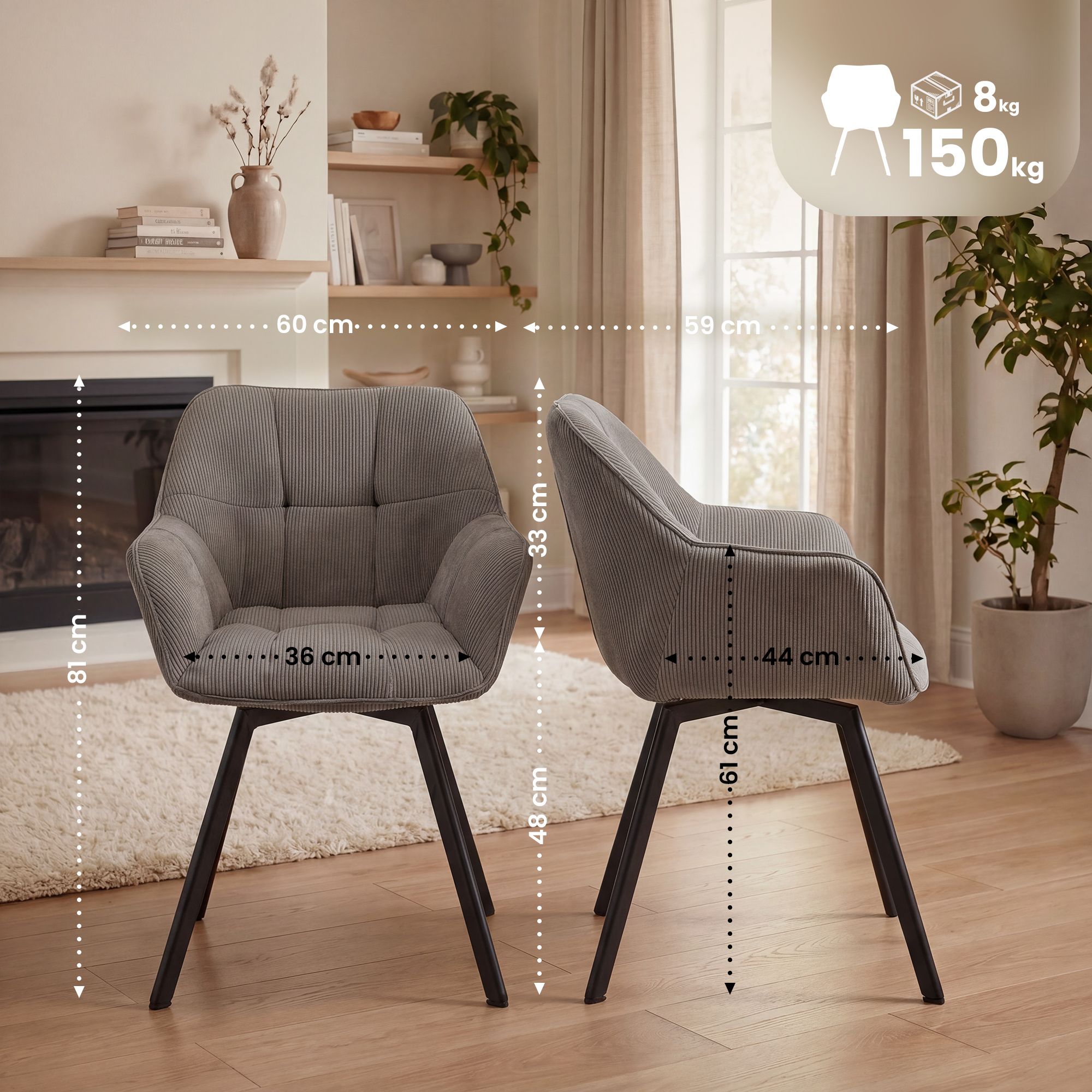 Lot de 2 chaises de salle à manger Jordi Cord