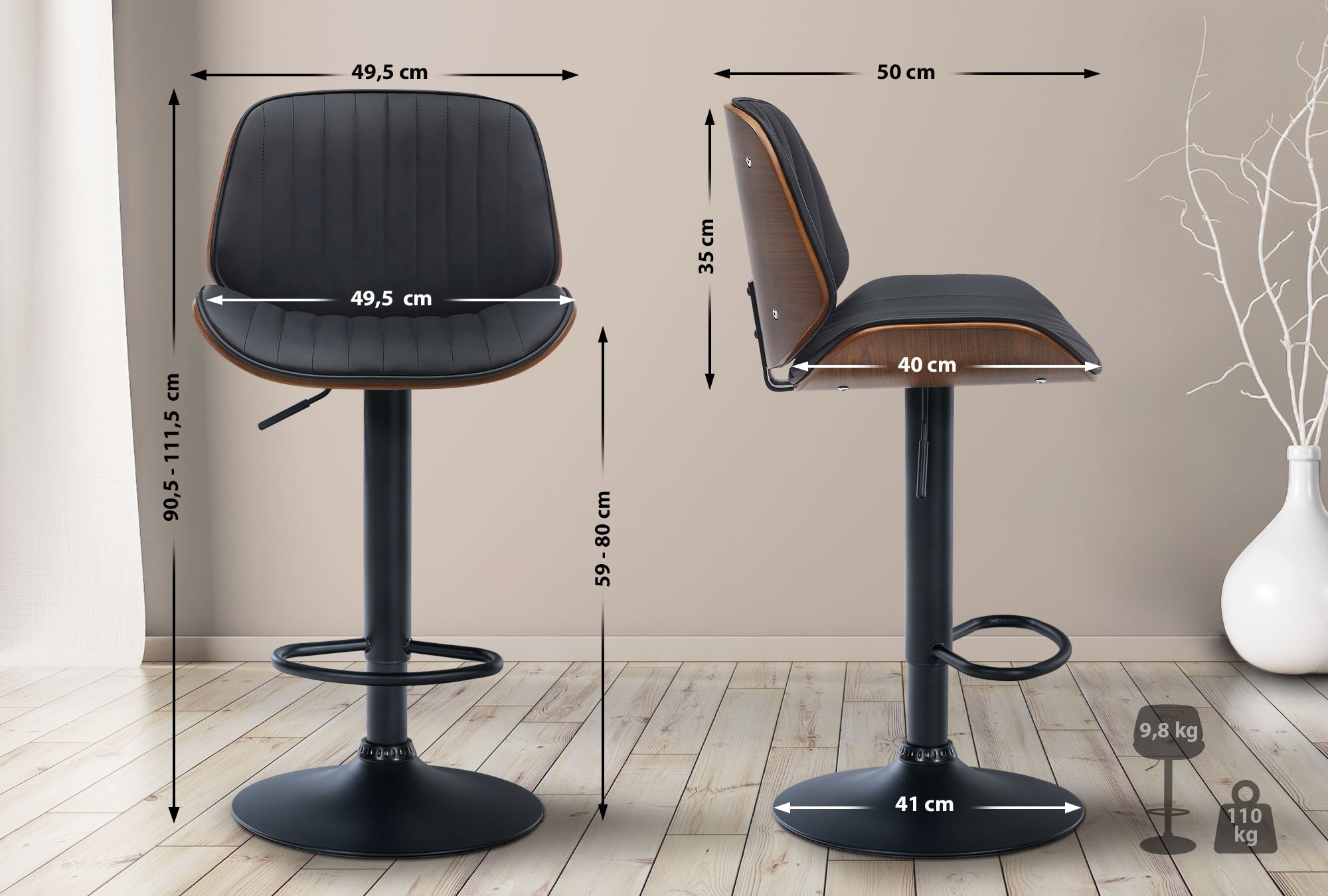 Tabouret de bar Nova avec Coque en bois assise en similicuir