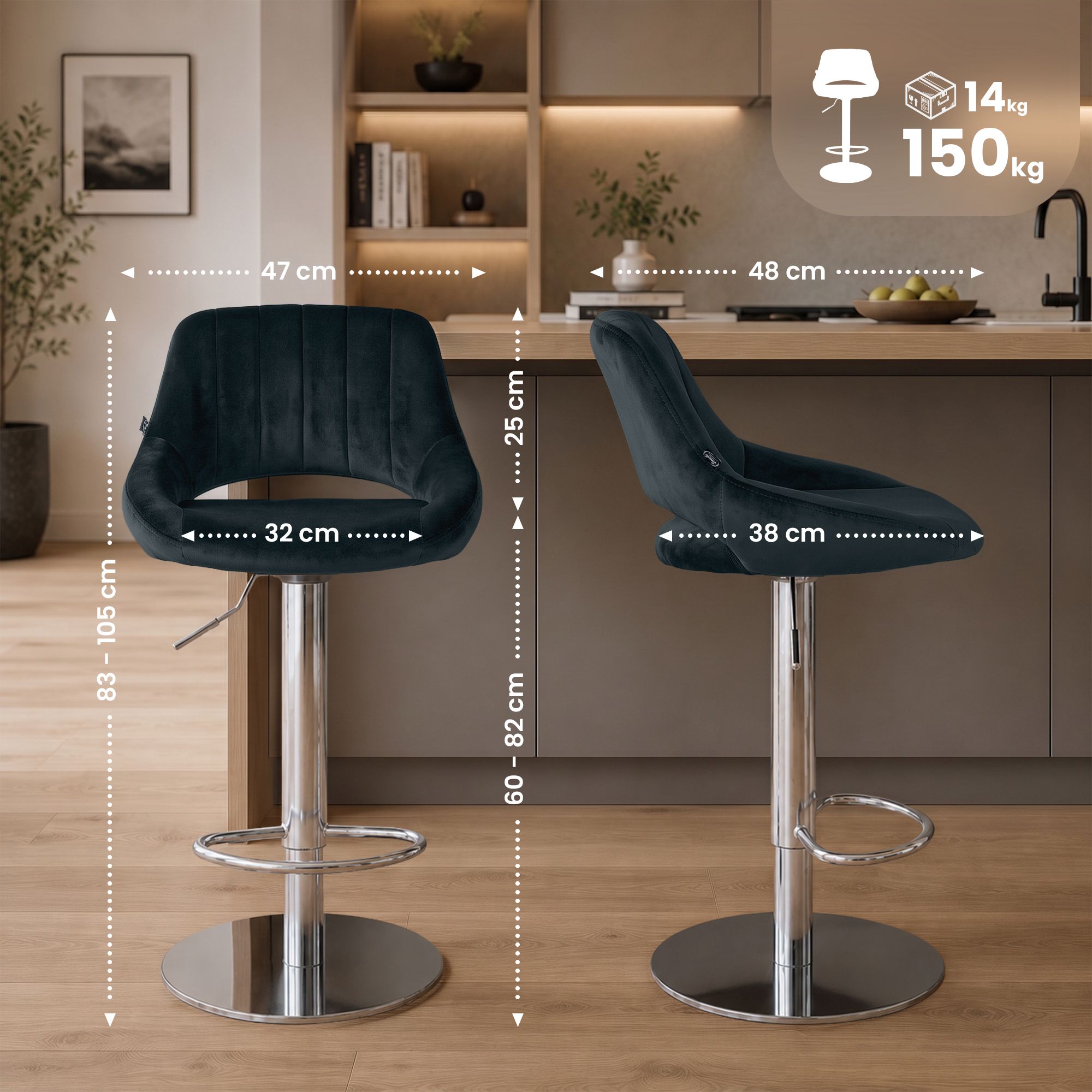 Lot de 2 tabourets de bar Milet chromés avec socles extra lourds