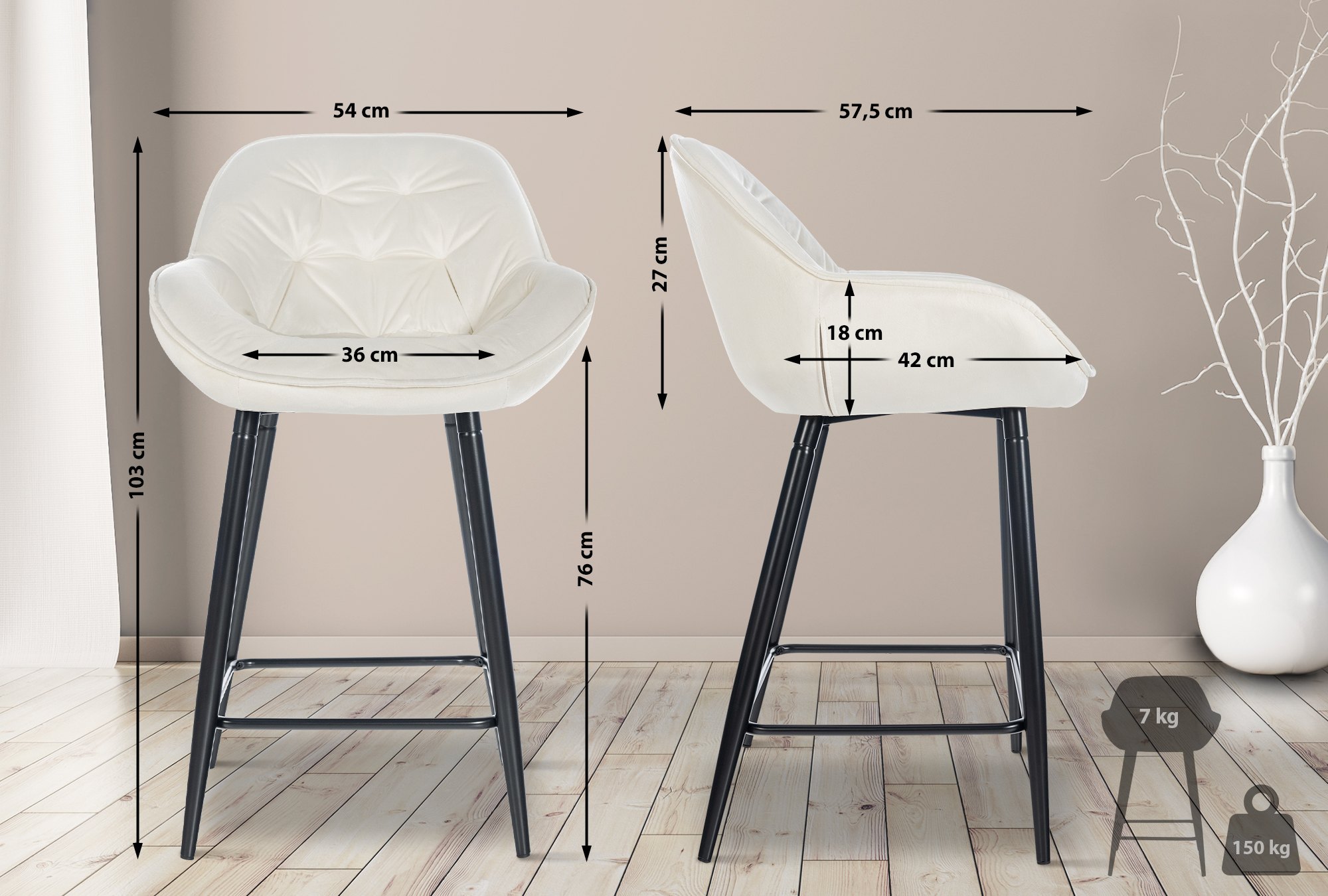 Lot de 2 tabourets de bar Gibson velours hauteur d'assise 76 cm