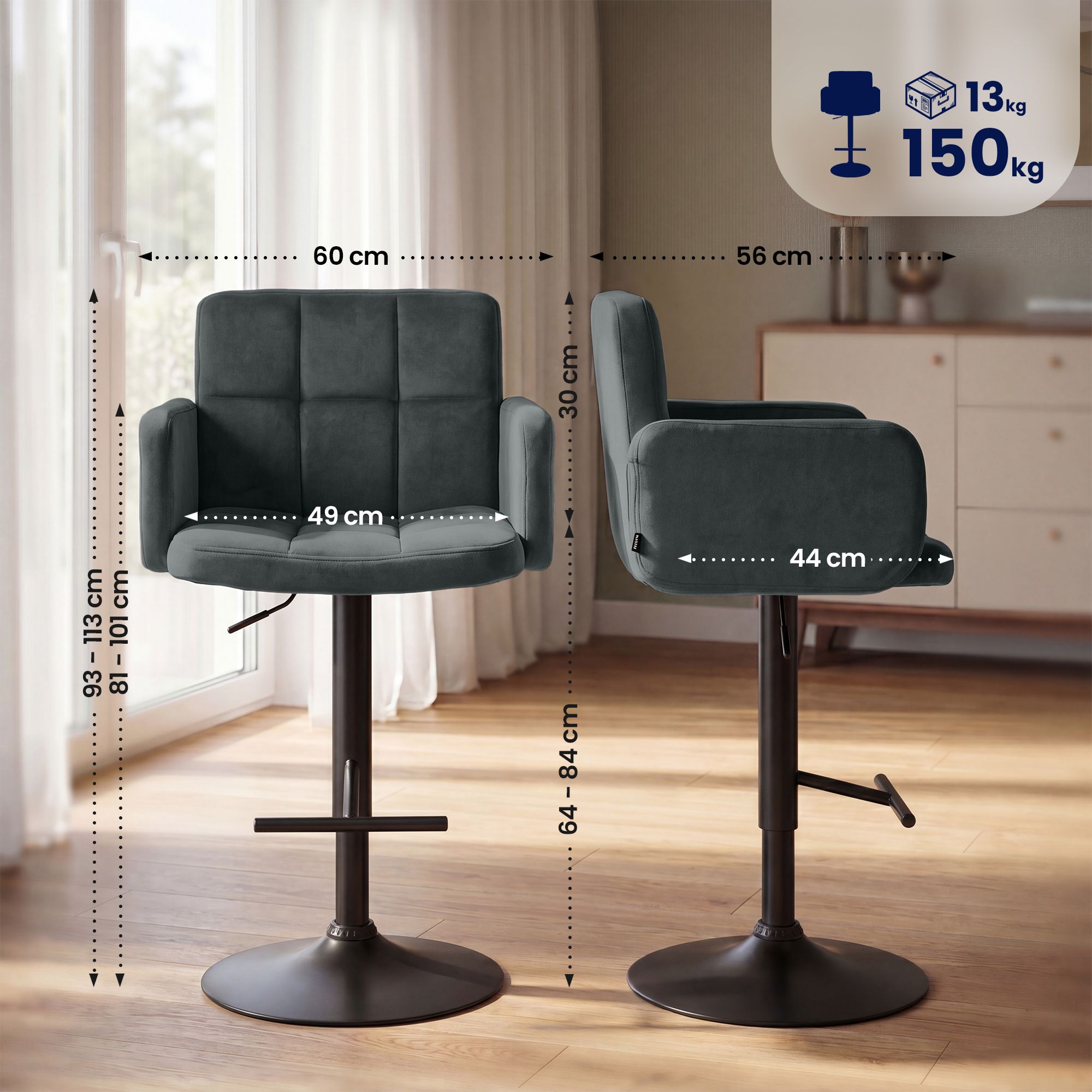Lot de 2 tabourets de bar Los Angeles velours