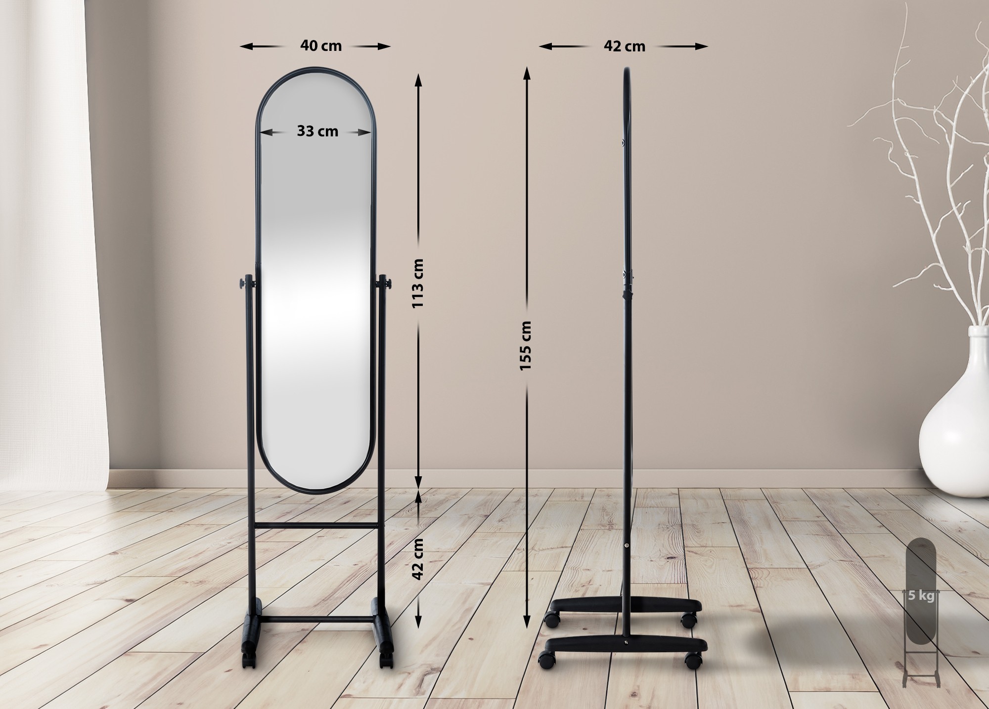 Miroir sur pieds Nane avec roulettes