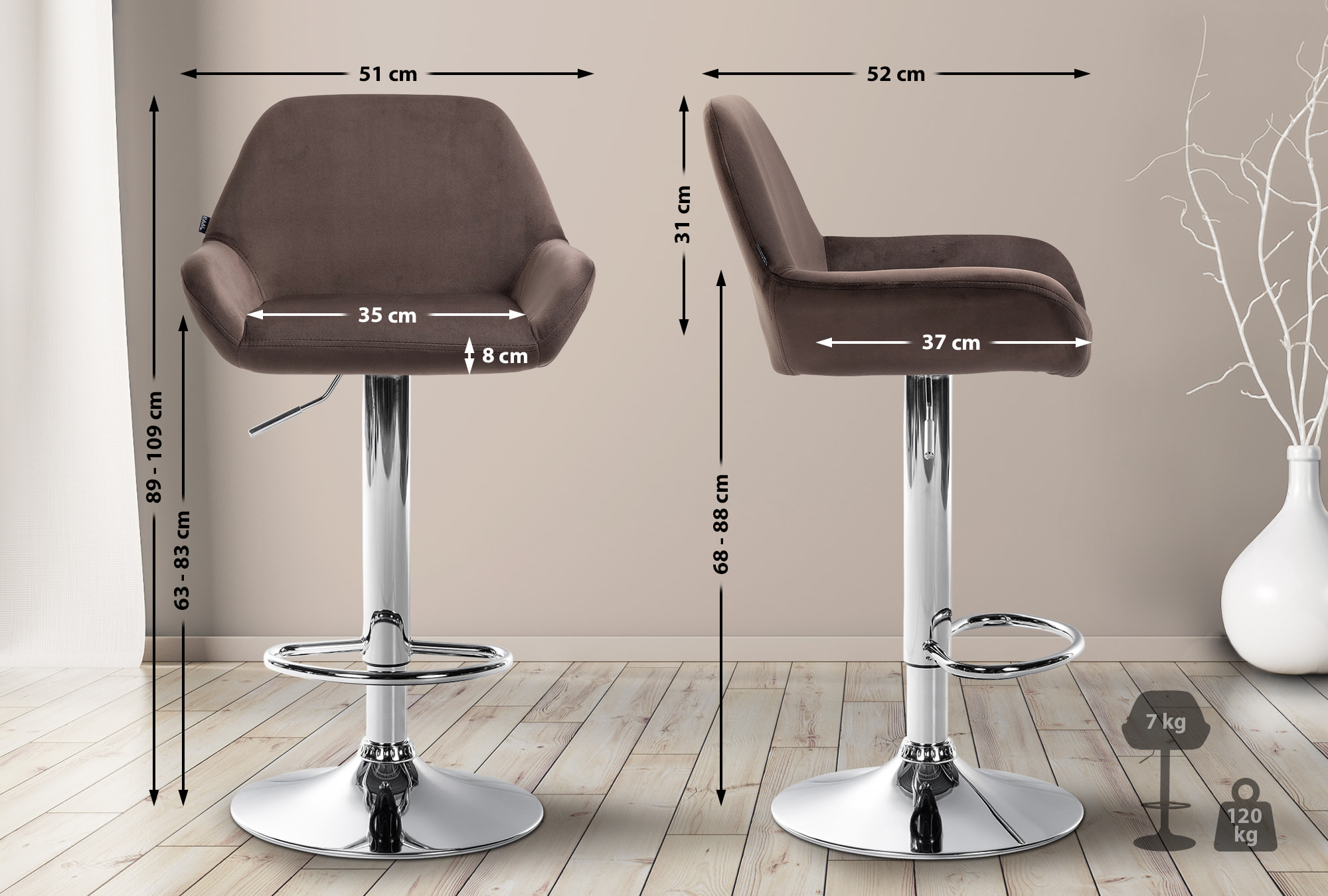 Tabouret de bar Braga Velours avec pied en métal réglable et pivotant