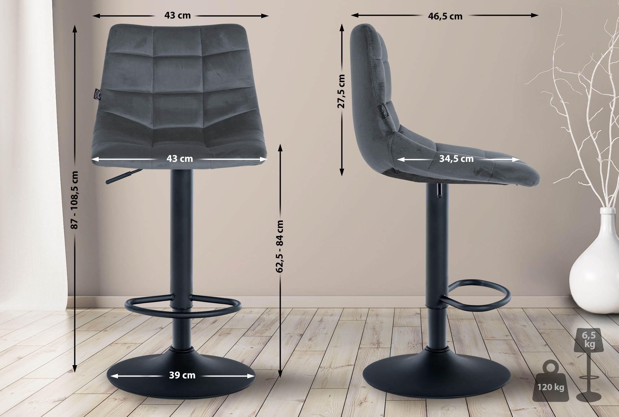 Lot de 2 tabourets de bar Jerry velours