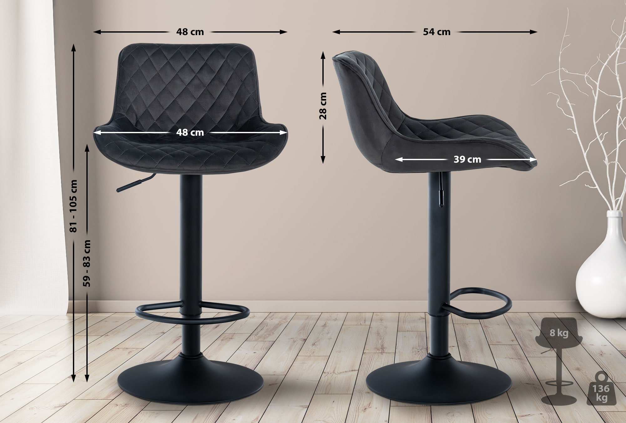 Lot de 2 Tabourets de bar Minosa réglables et pivotants