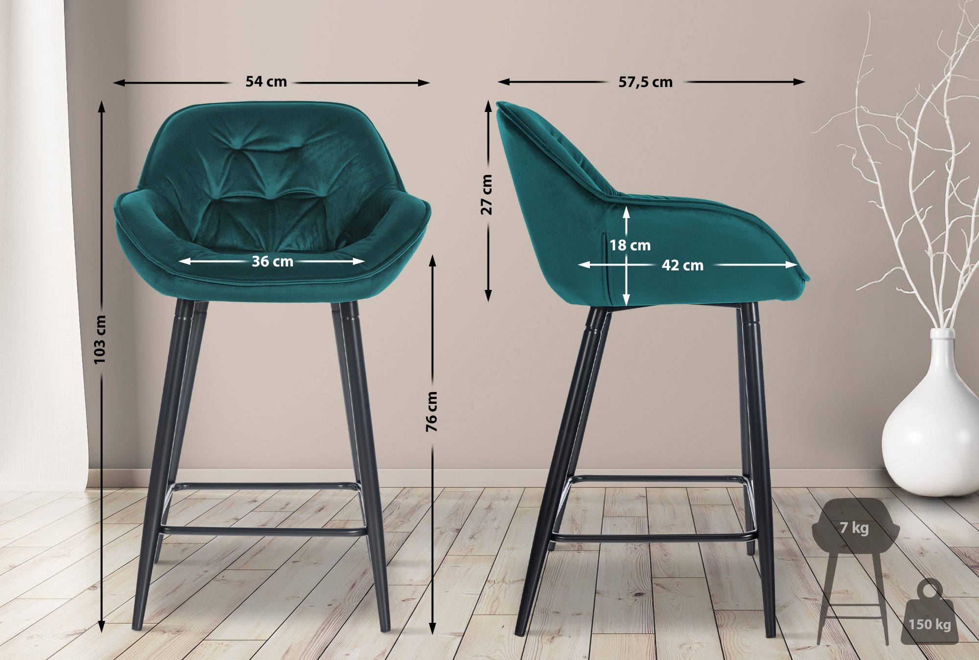 Lot de 2 tabourets de bar Gibson velours hauteur d'assise 76 cm