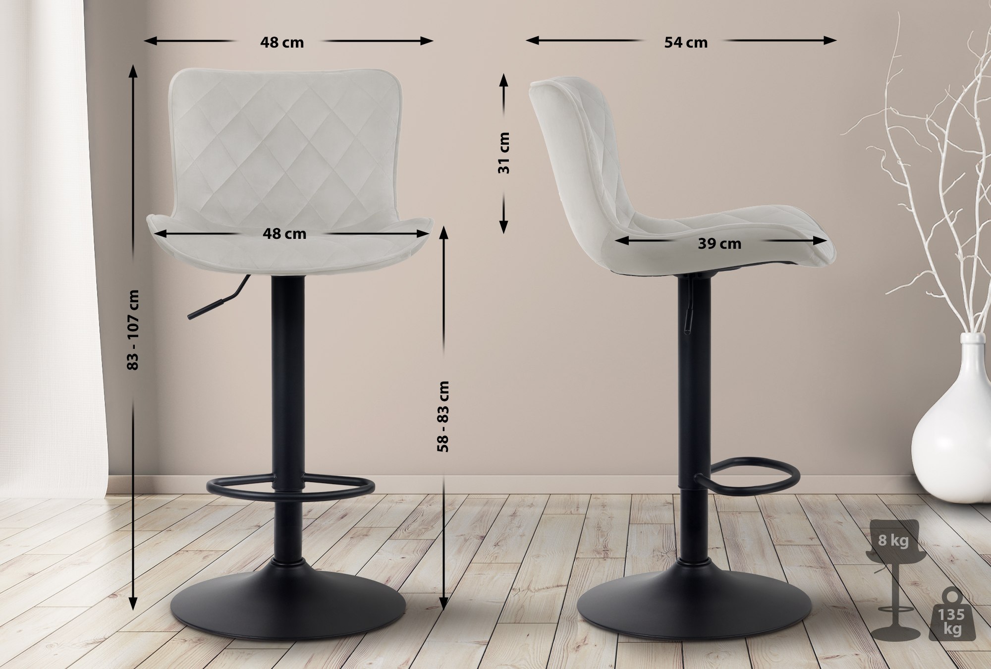 Tabouret de bar Emma Pied en Métal Hauteur réglable Siège pivotant