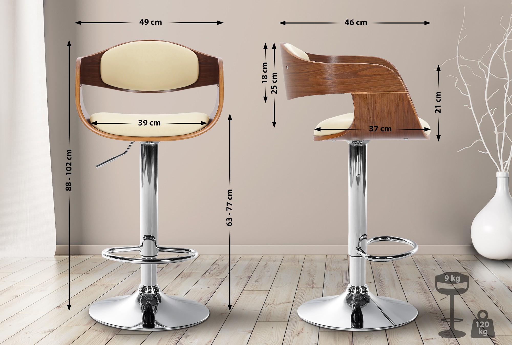Tabouret de bar Kingston avec Coque en bois Assise en similicuir