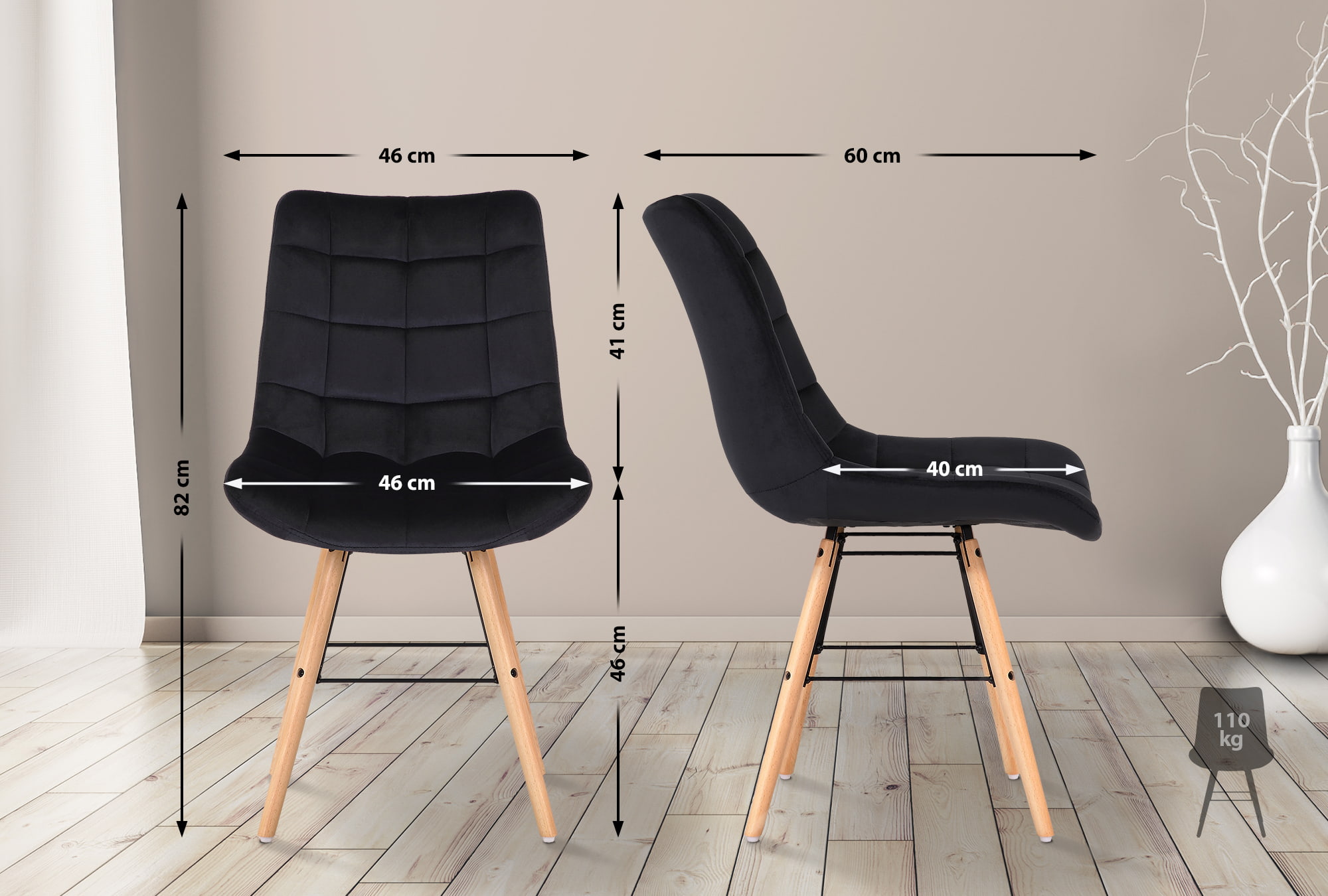 Lot de 2 chaises de salle à manger Leni velours