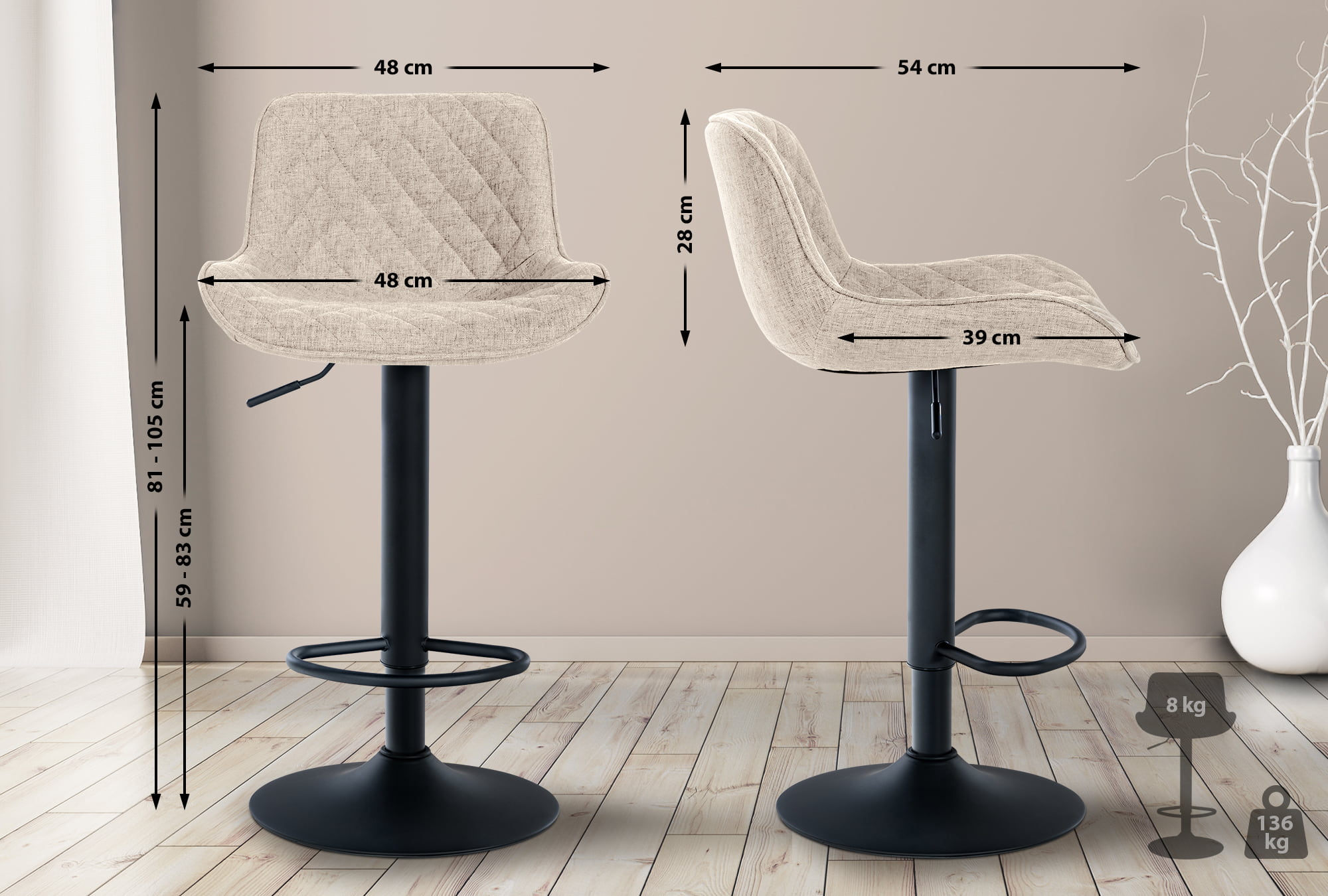 Lot de 2 Tabourets de bar Minosa réglables et pivotants