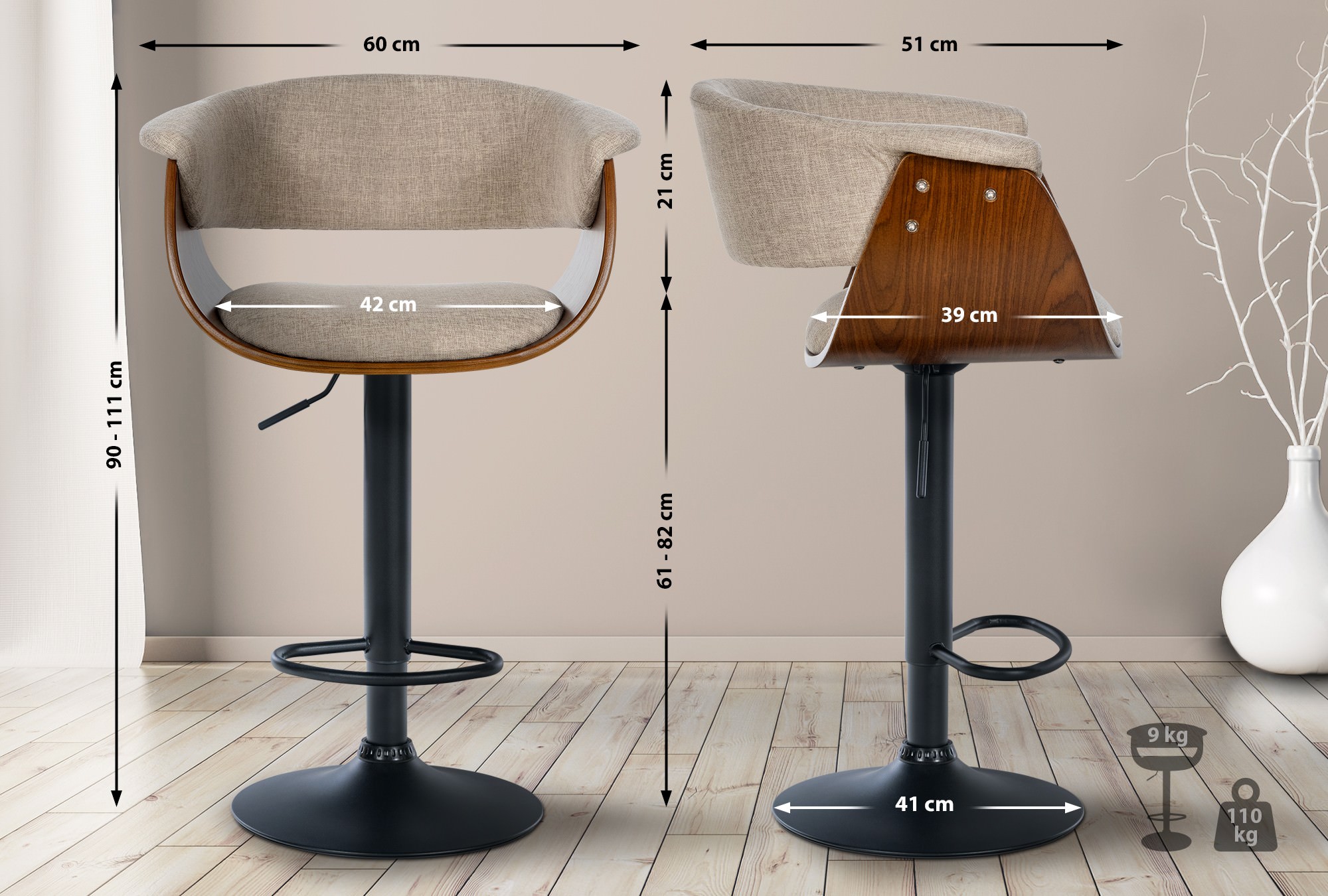 Tabouret de bar Vestal avec Coque en bois réglable pivotant