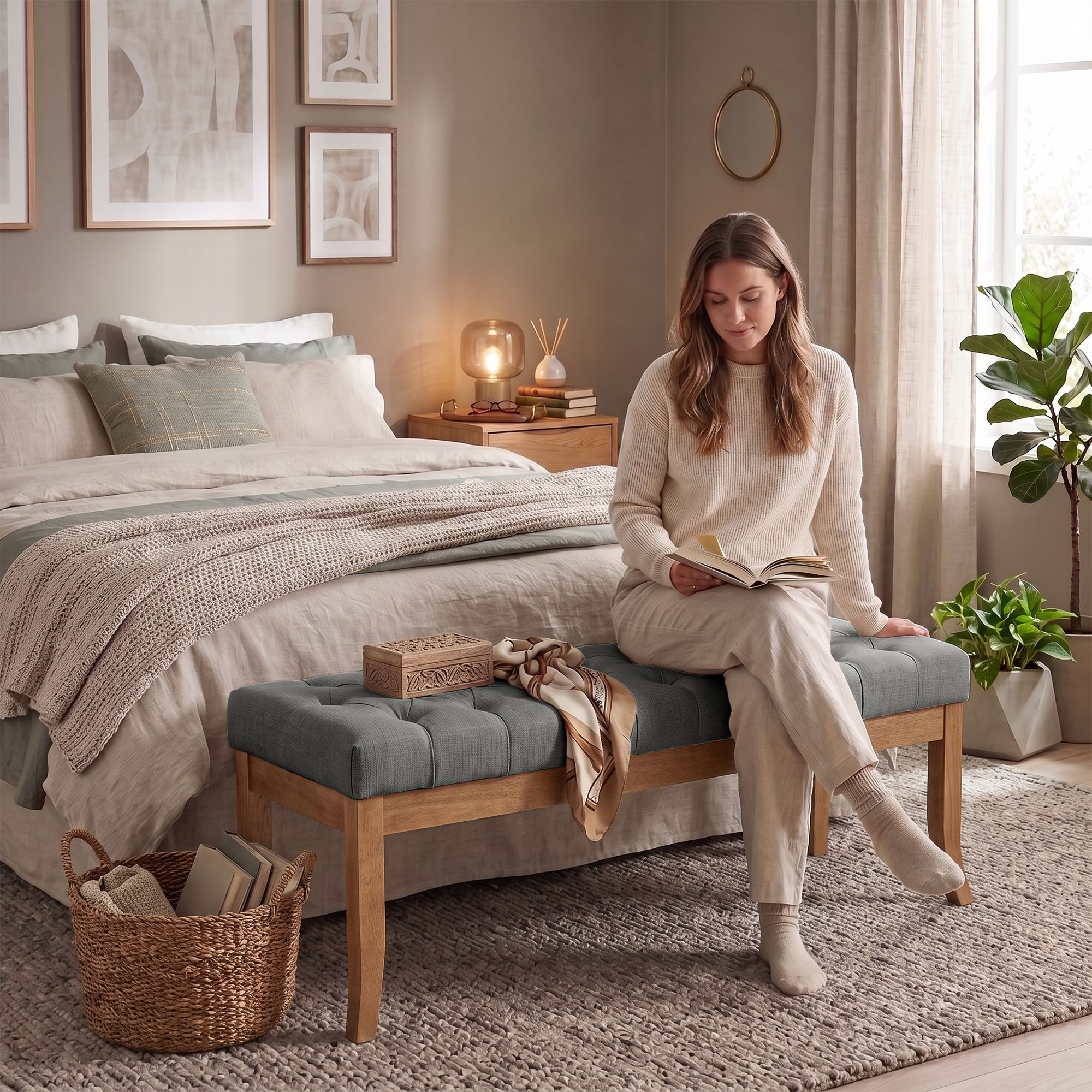 Banquette Ramses en tissu avec piètement en bois clair