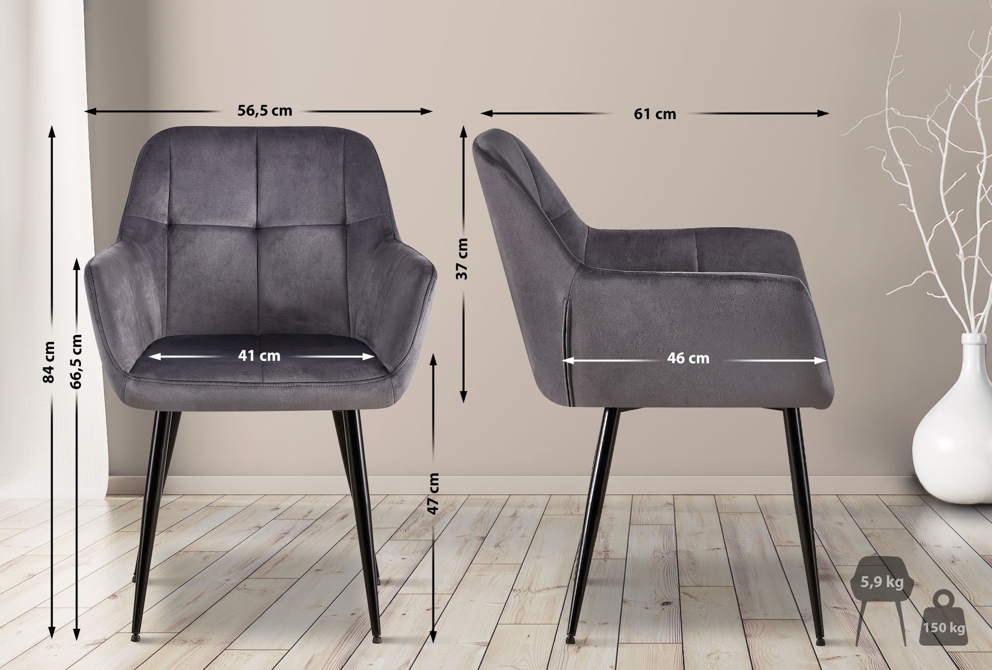 Lot de 4 Chaises de salle à manger Emia en Velours avec Piètement en Métal noir
