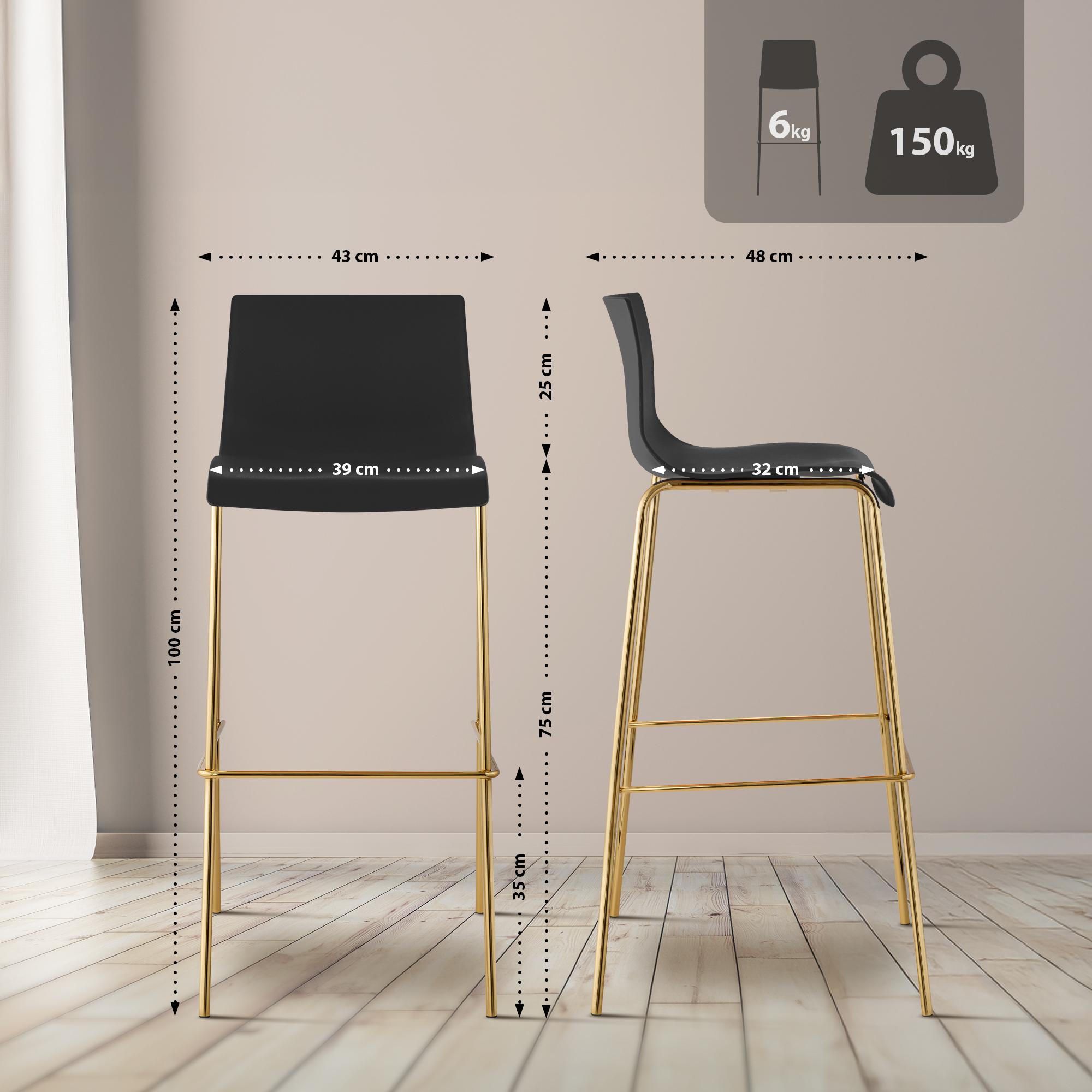 Lot de 2 tabourets de bar Hover, plastique, piètement 4 pieds, doré