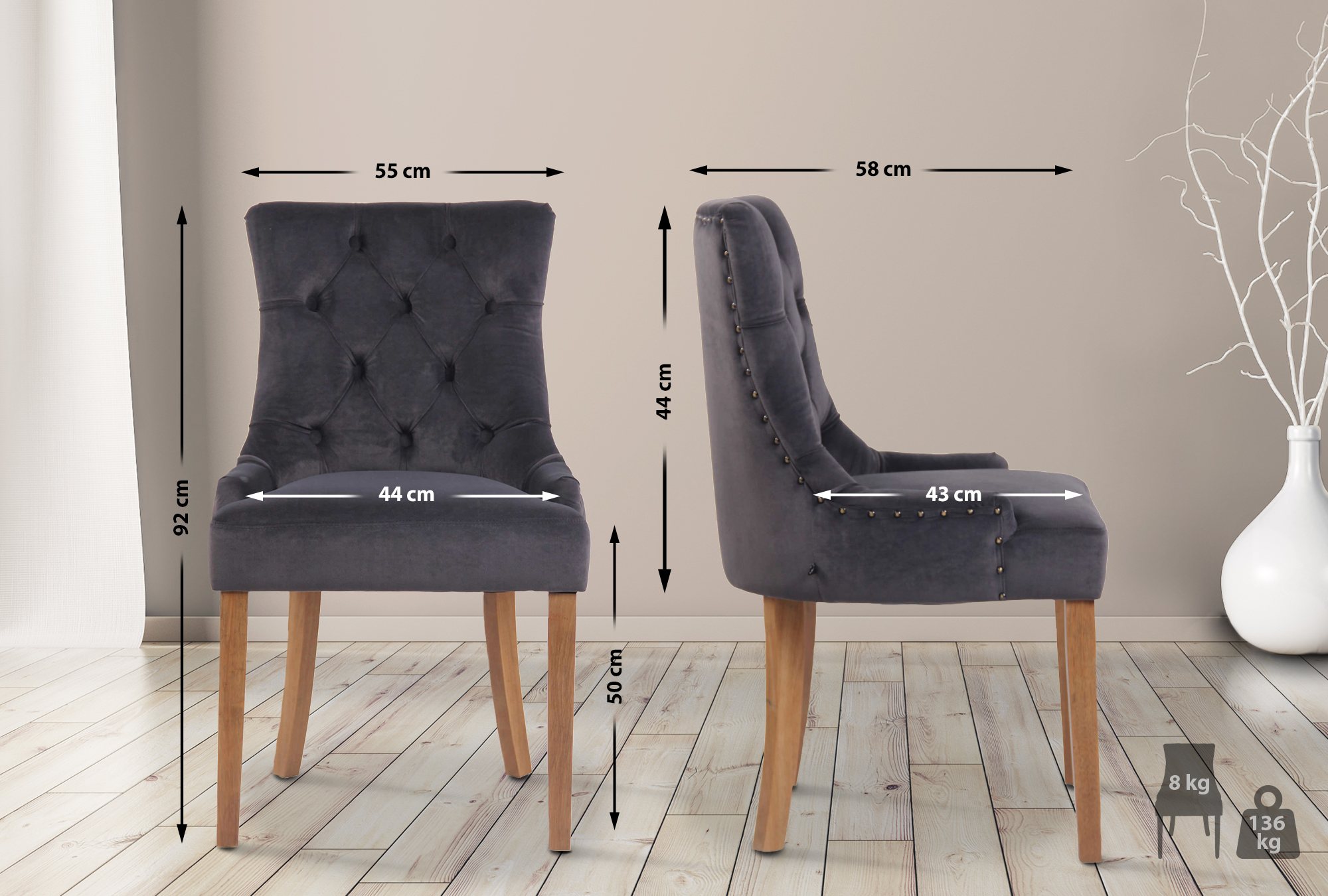 Lot de 4 Chaises de salle à manger Aberdeen en Velours Piètement en bois d'hévéa